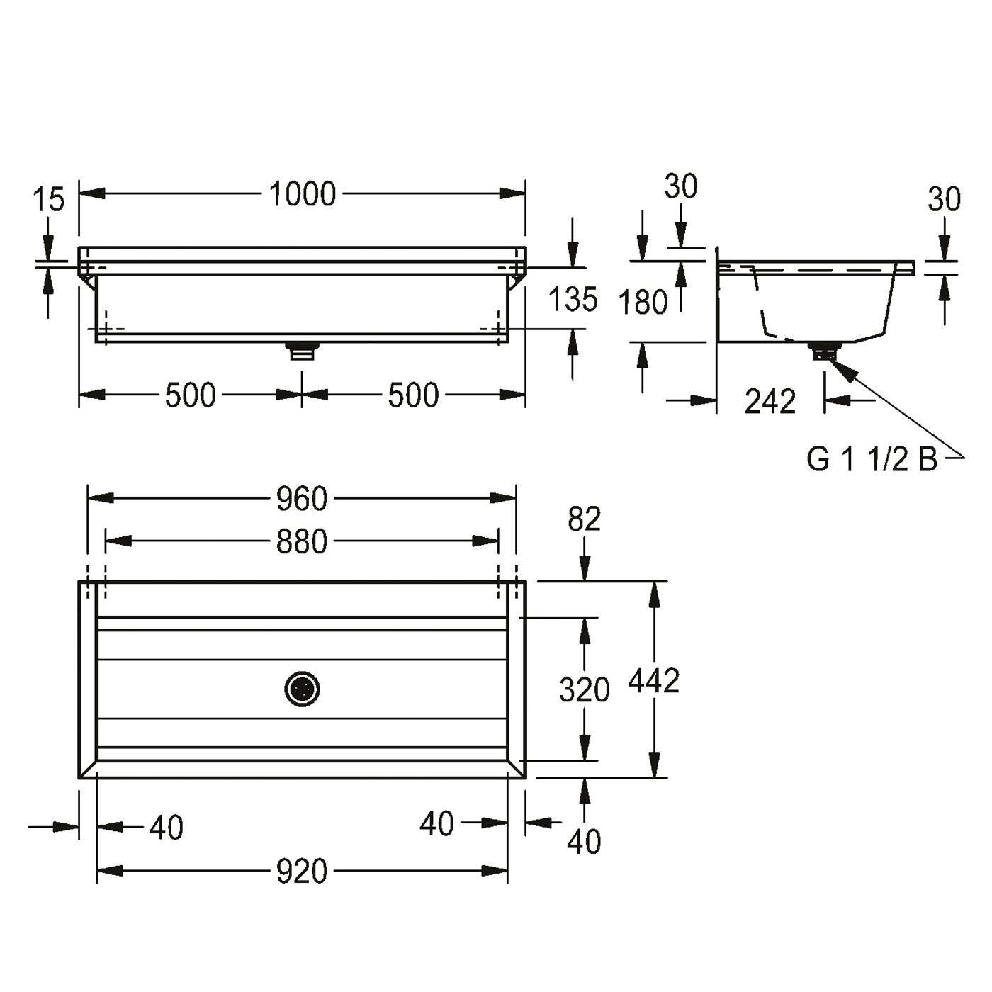 KWC Waschrinne, PLANOX, Edelstahl, W.-mont, 1000x210x442 mm, m. Arm-bank