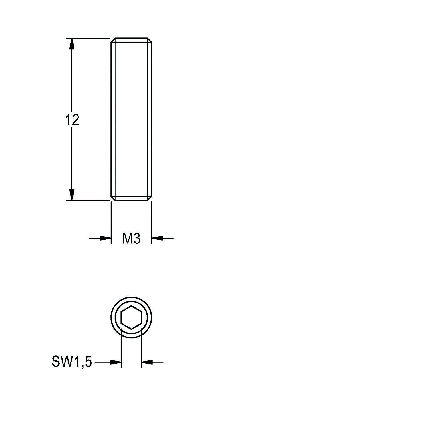 Sechseckabstandshalter' mit Abmessungen: Länge 12 mm, Durchmesser M3; Breite über Kanten SW1,5 mm. Ansichten von oben und von vorne dargestellt.