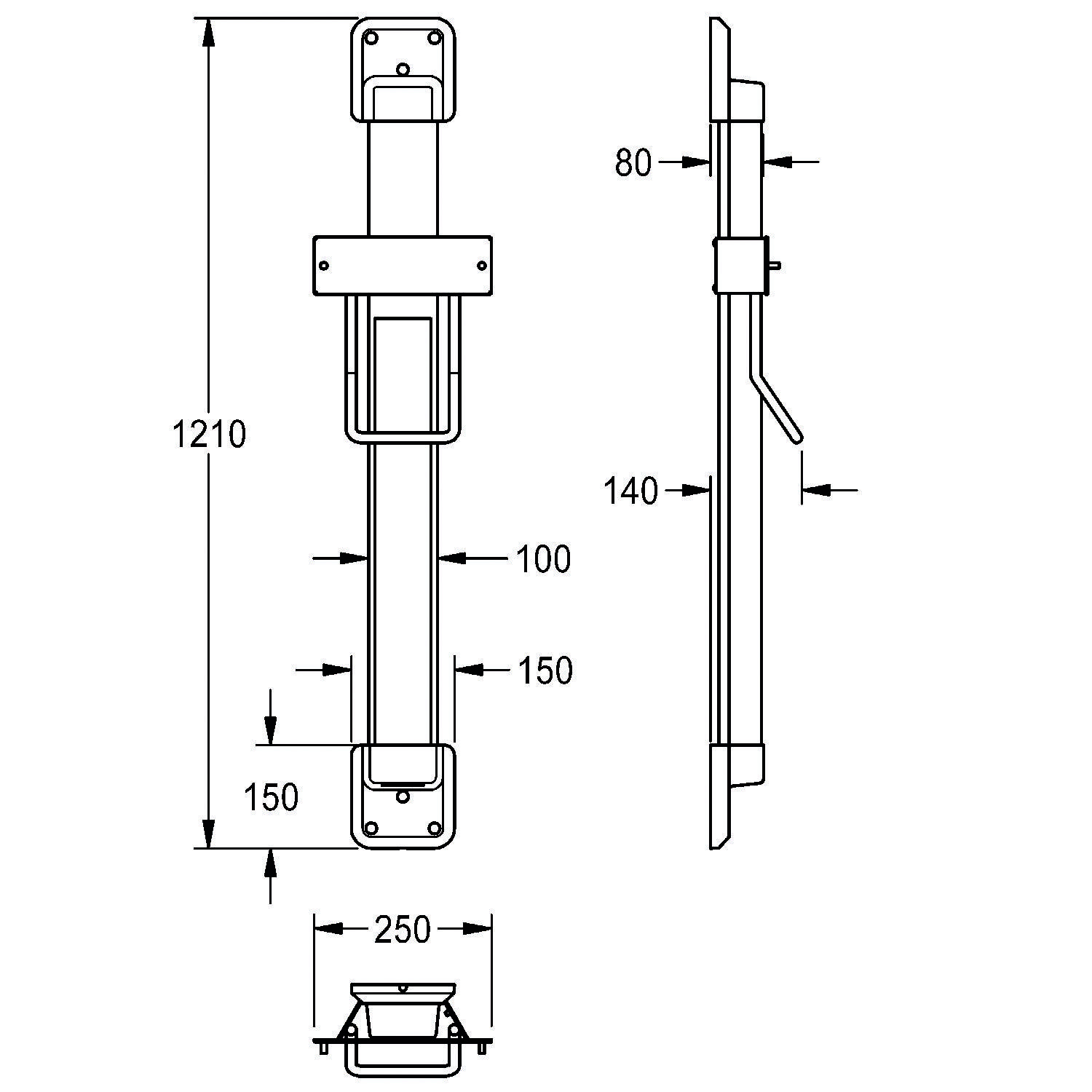 Technische Zeichnung einer verstellbaren Wandhalterung mit angegebenen Abmessungen: 1210 mm Höhe, 250 mm Breite, seitliche Ausladung 140 mm, ausziehbarer Arm 150 mm.