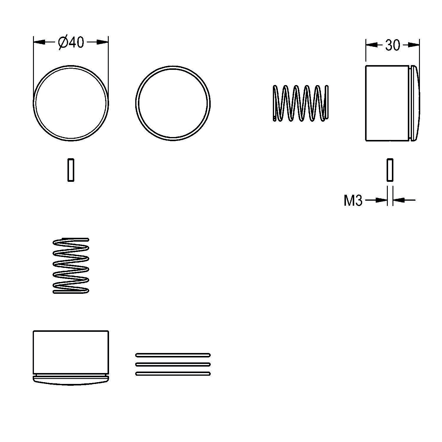 Technische Zeichnung einer Schraube mit Maßangaben: Durchmesser 40 mm, Höhe 30 mm und M3-Schraube. Enthält Ansichten der Feder und Querschnitte.
