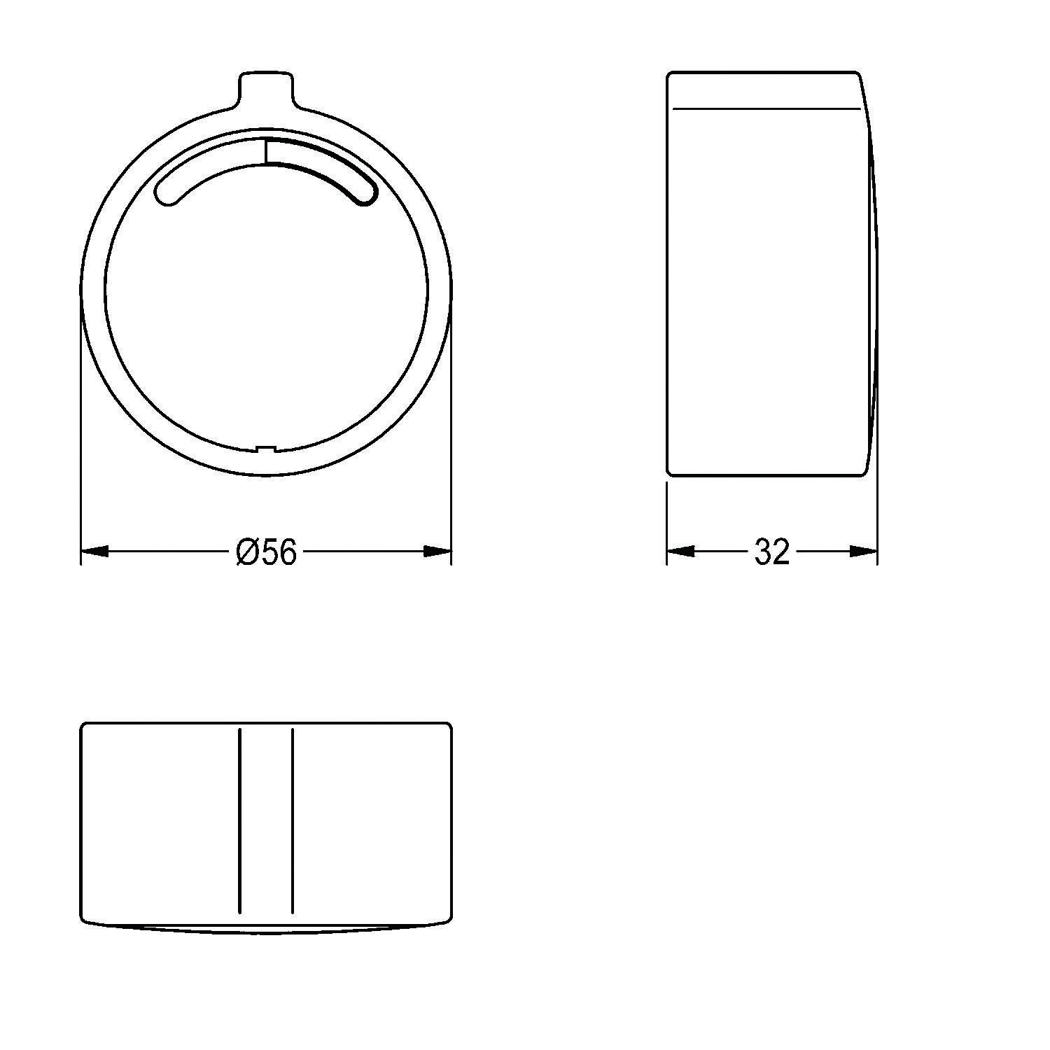 Technische Zeichnung eines zylindrischen Objekts, Ansichten von oben, der Seite und von vorne dargestellt. Durchmesser beträgt 56 mm, Höhe 32 mm.