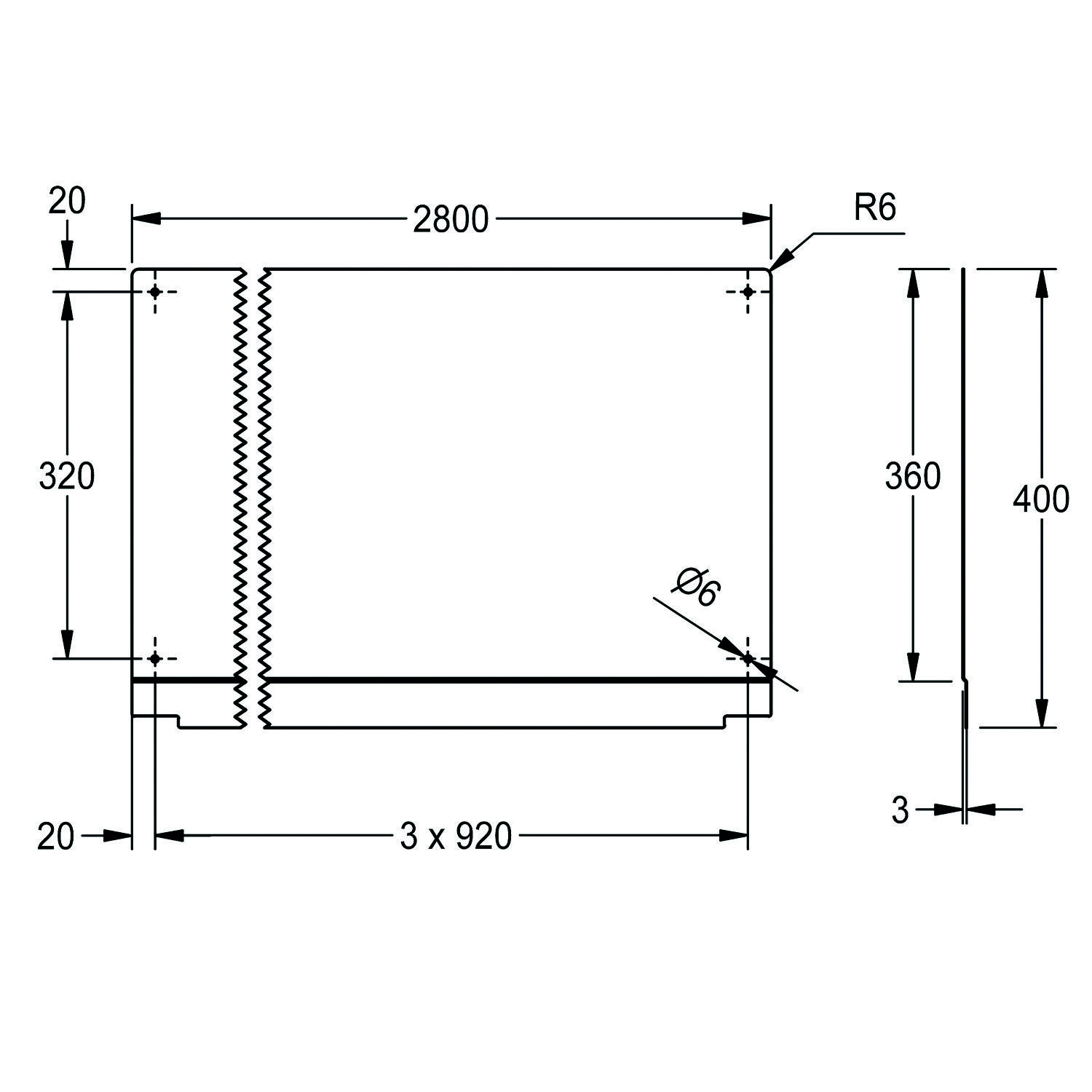 Technische Zeichnung eines zylindrischen Objekts mit detaillierten Maßangaben. Breite: 2800mm, Höhe: 400mm, Durchmesser: 6mm.