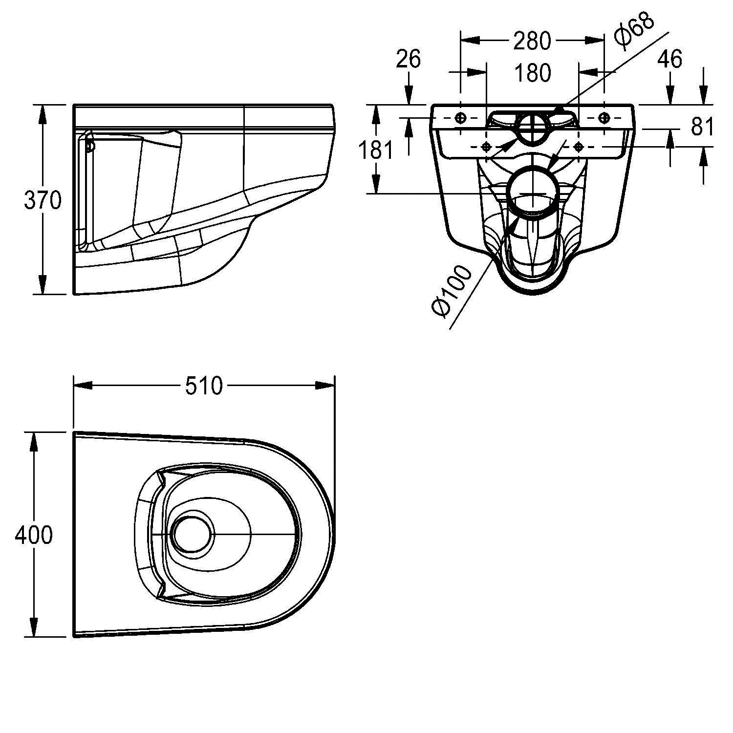 Technische Zeichnung einer wandhängenden Toilette mit Abmessungen: 370 mm Höhe, 510 mm Länge und verschiedenen Befestigungspunkten, entwickelt für präzise Montage.