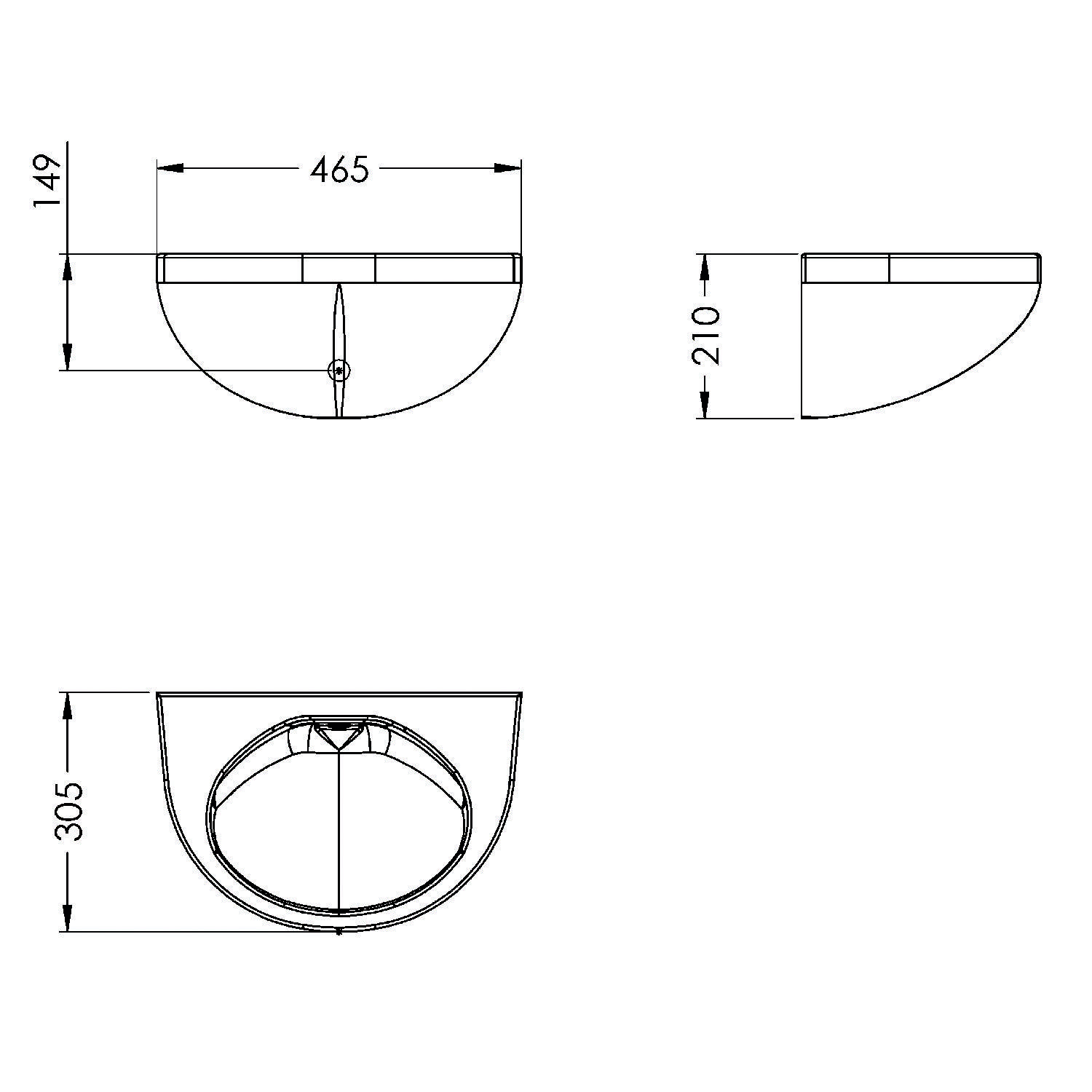 Technische Zeichnung eines Wandwaschbeckens mit Vorder-, Seiten- und Draufsicht und folgenden Abmessungen: 465 mm Breite, 210 mm Tiefe, 305 mm Höhe.