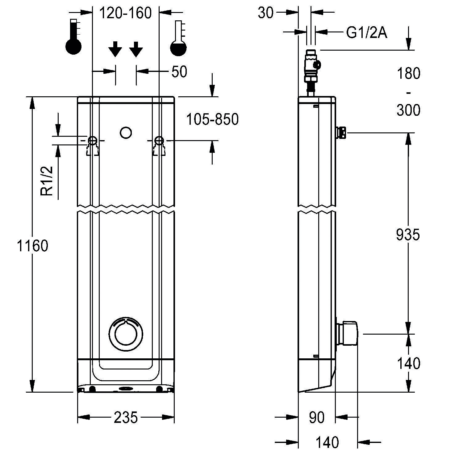 Technische Zeichnung eines Warmwasserbereiters. Vorder- und Seitenansicht mit Maßangaben: Höhe 1160 mm, Breite 235 mm, Tiefe 140 mm. Einlass oben, Bedienknöpfe an der Vorderseite.