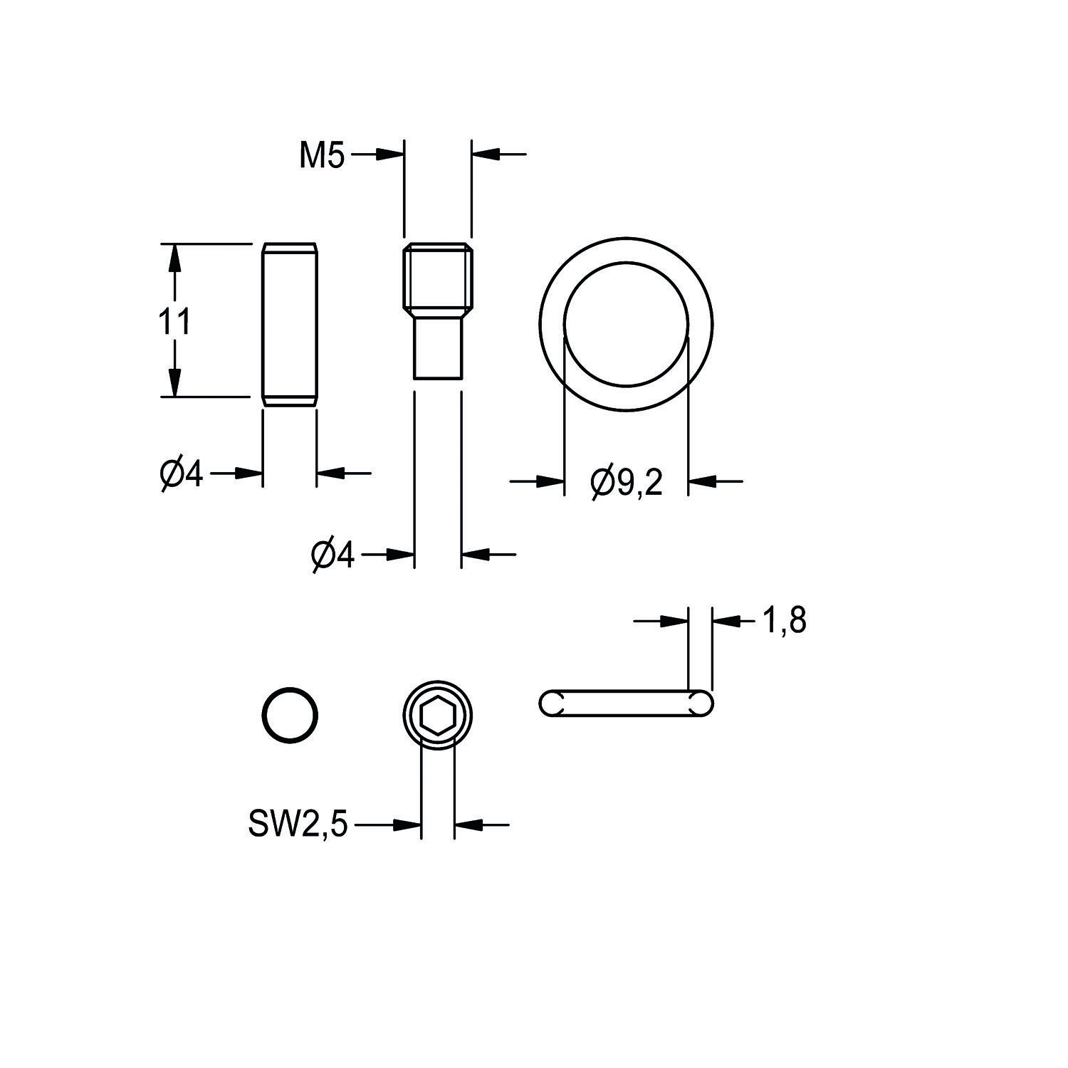 Eine technische Zeichnung eines Schraubverschlusses mit Dichtung, einschließlich Seiten- und Draufsicht. Schlüsseldimensionen: M5, Durchmesser 9,2 mm, Höhe 11 mm.
