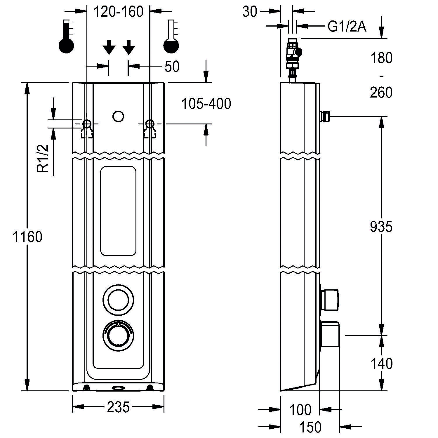 Technische Zeichnung eines Wassererhitzers mit Abmessungen: Höhe 1160 mm, Breite 235 mm, Tiefe 150 mm. Einlass gekennzeichnet mit G1/2A. Temperaturbereich 50°C.