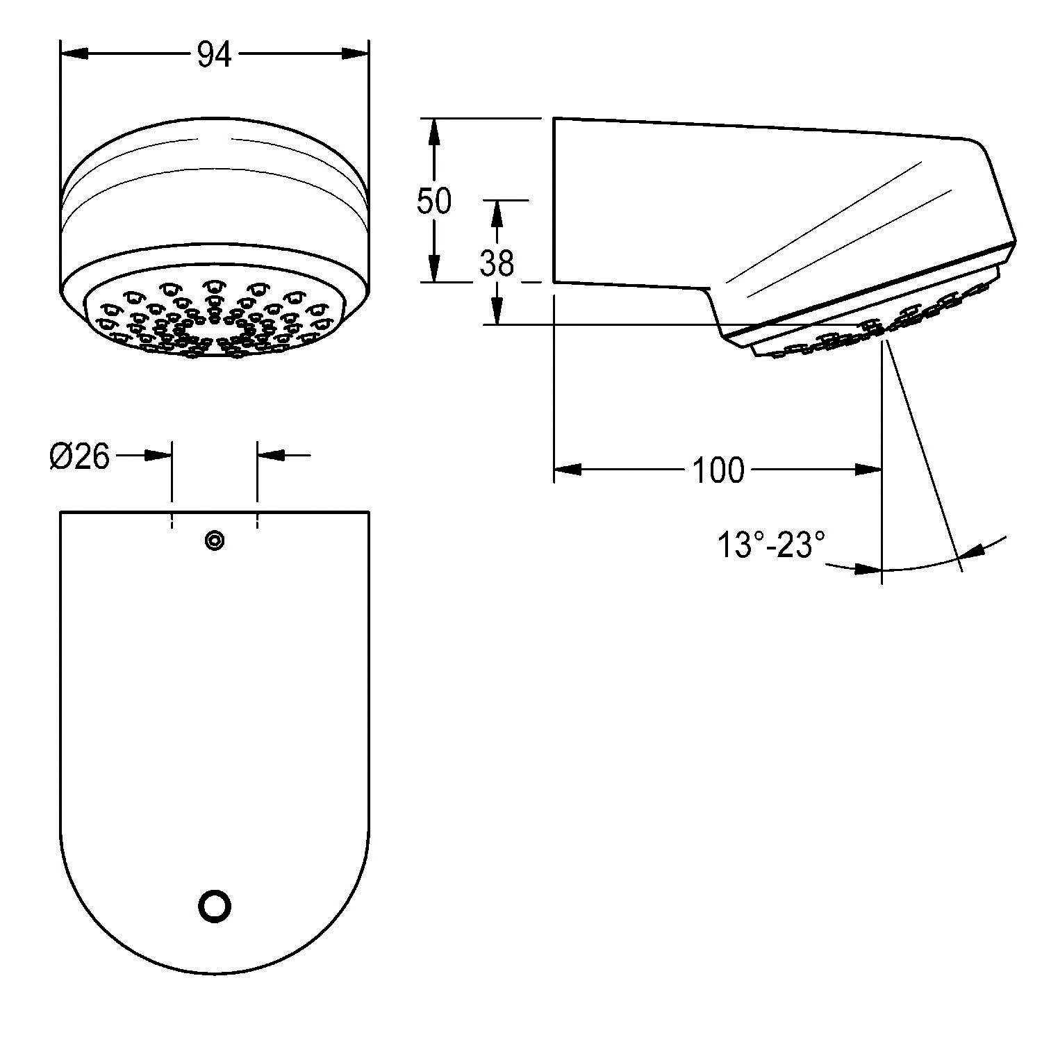 Eine technische Zeichnung eines Duschkopfes mit folgenden Abmessungen: 94 mm Durchmesser, 50 mm Höhe, 100 mm Länge, mit einem verstellbaren Winkel von 13° bis 23°.