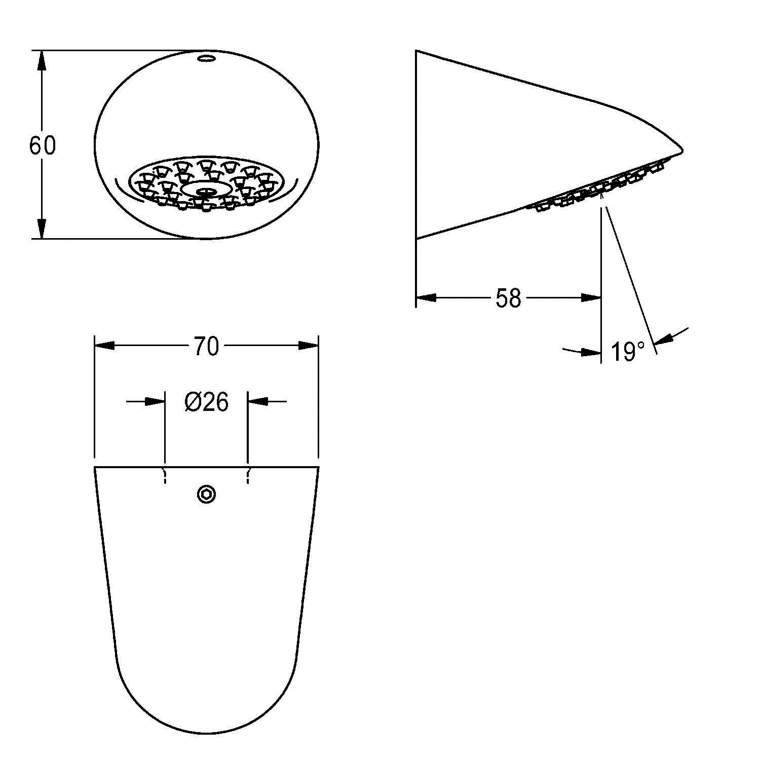 Maße der Duschbrause: Frontale Höhe 60 mm, Durchmesser 70 mm mit einem inneren Kreis von 26 mm; Seitenansichtslänge 58 mm mit einem Winkel von 19°.