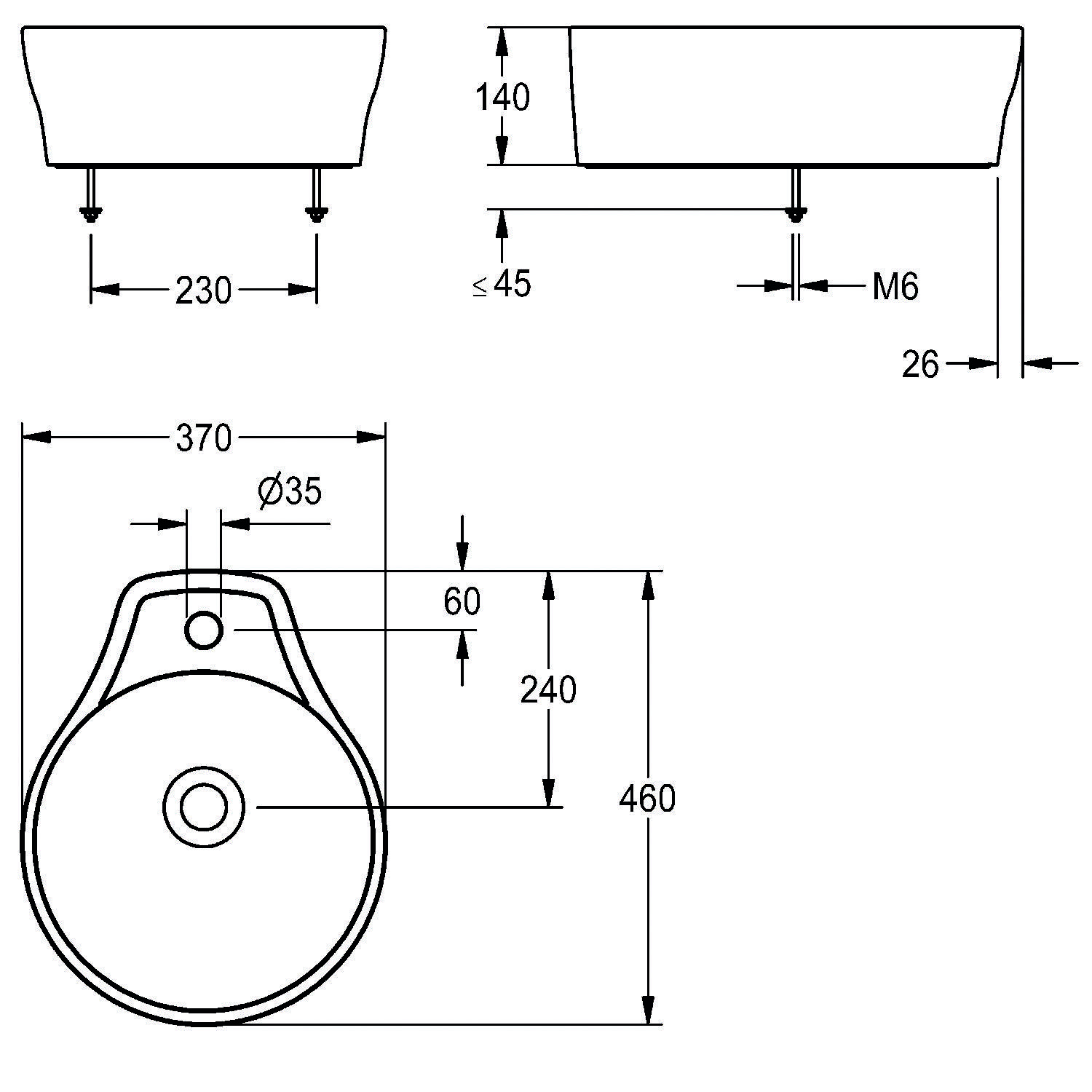 Technische Zeichnung eines runden Waschbeckens mit Abmessungen: 370 mm Durchmesser, 230 mm Tiefe und 140 mm Höhe. Enthält Maßangaben für Armaturen-Einbauöffnung.