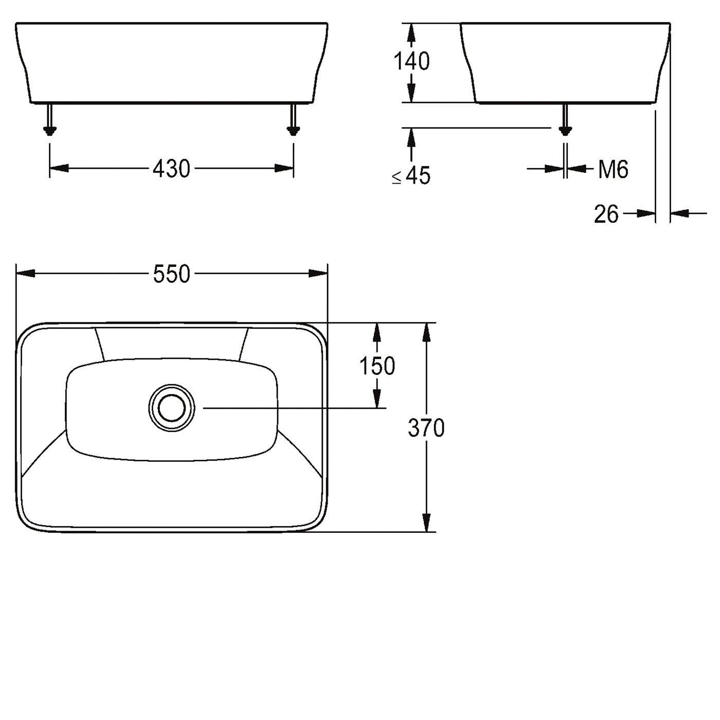 KWC Aufsatz-wt, Quadrotop, MIRANIT, 550x140x370 mm, Re-eckig, Integr. Dicht