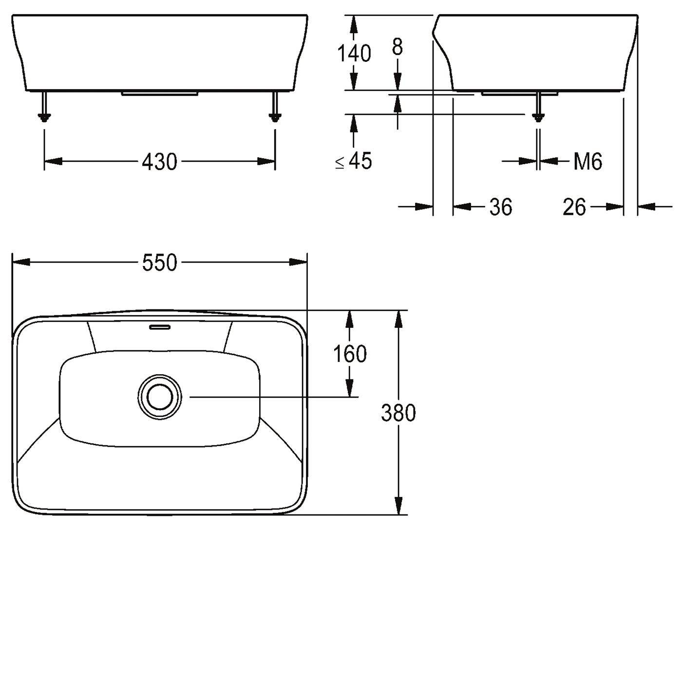KWC Aufsatz-wt, Quadrotop, MIRANIT, Ül, 550x140x380 mm, Re-eckig, Integr. Dicht