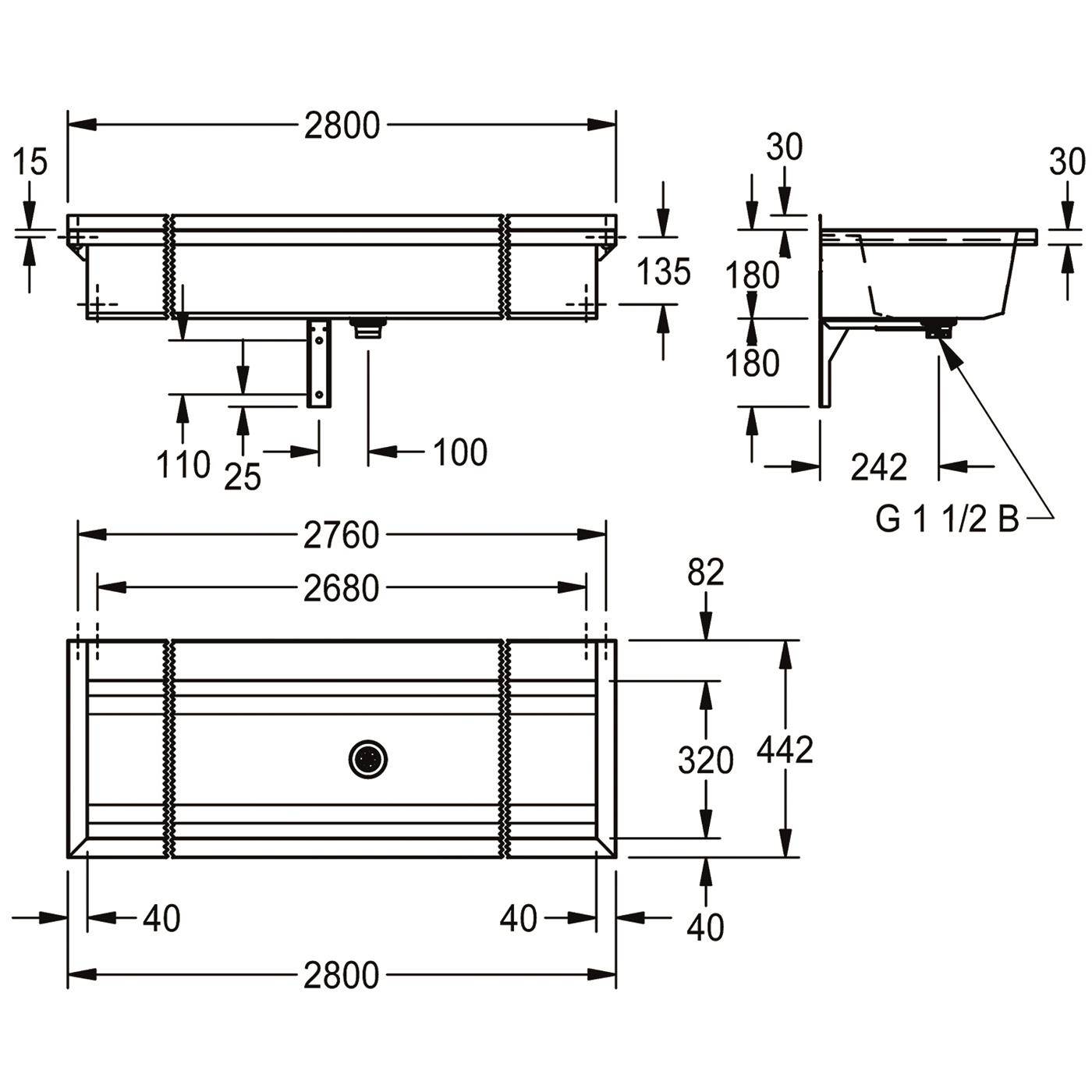 KWC Waschrinne, PLANOX, Edelstahl, W.-mont, 2800x210x442 mm, m. Arm-bank