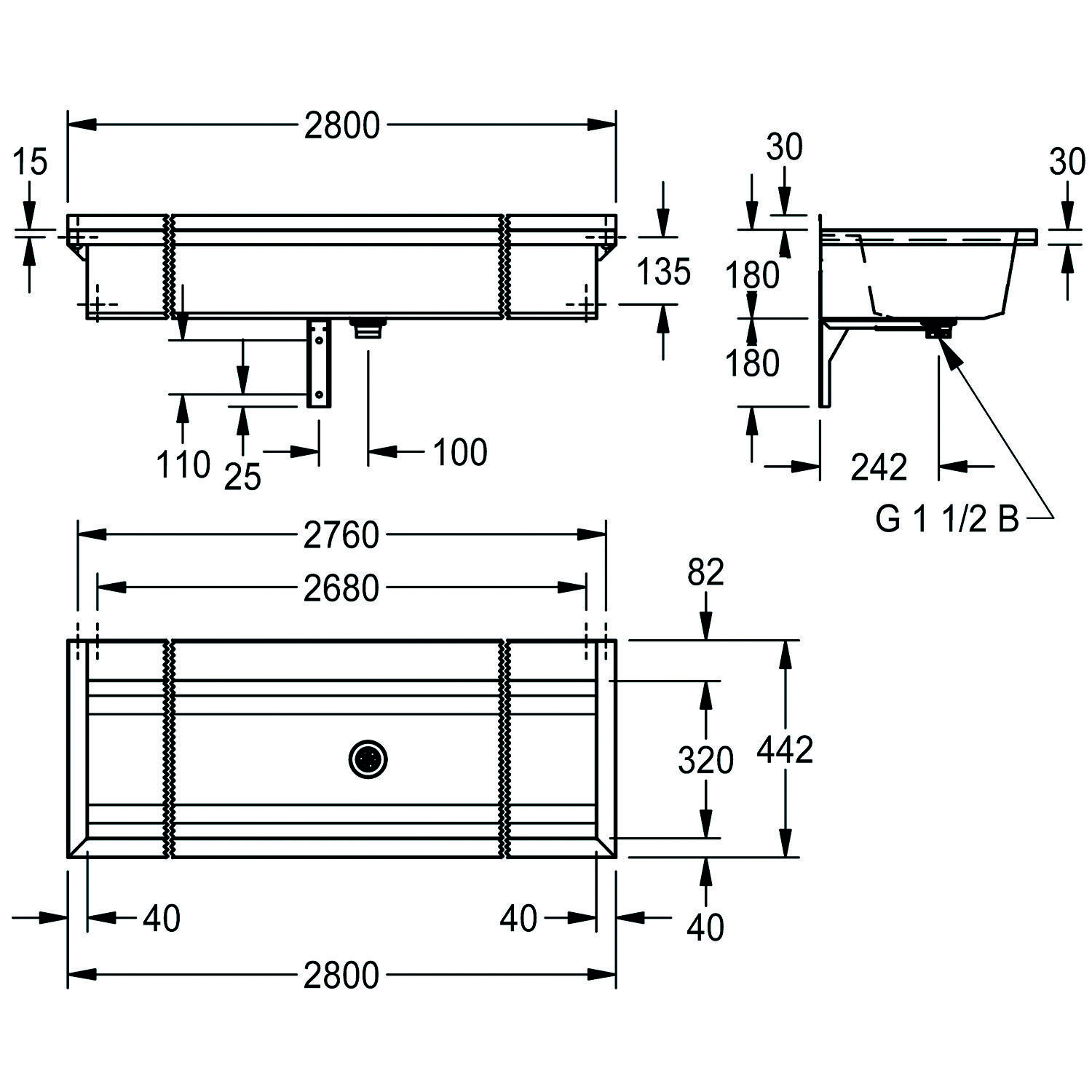Technische Zeichnung eines rechteckigen Beckens mit Abmessungen. Zeigt Front- und Seitenansicht mit Maßangaben, einschließlich 2800 mm Breite und 135 mm Tiefe.