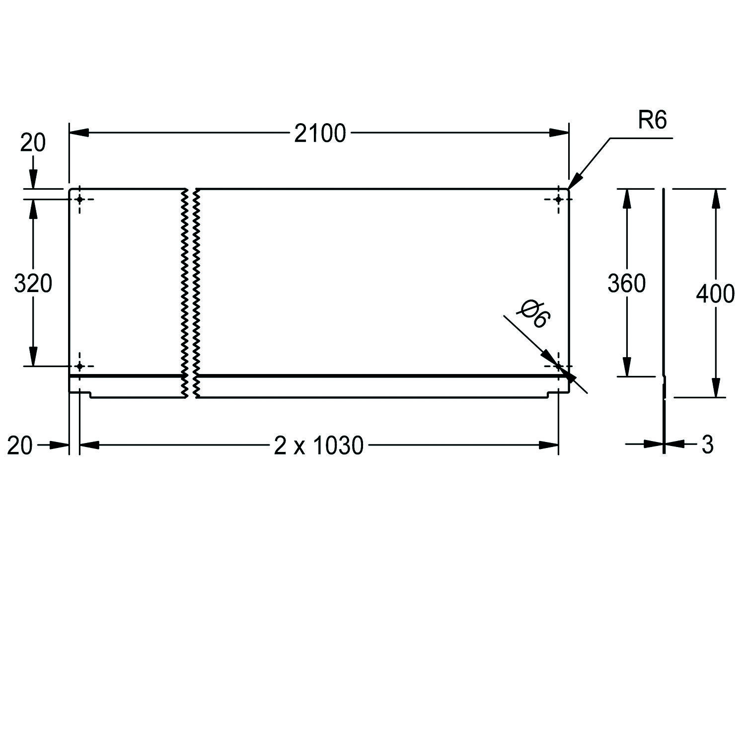 Technische Zeichnung eines zylindrischen Objekts mit Abmessungen: 2100 mm Breite, 360 mm Höhe und verschiedenen markierten Details wie R6, Durchmesser 6 und anderen.