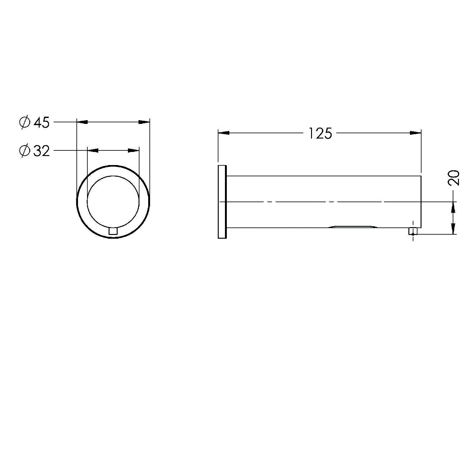 Technische Zeichnung eines zylindrischen Objekts mit Abmessungen: 45 mm Durchmesser, 32 mm Innendurchmesser, 125 mm Länge und 20 mm Höhe.