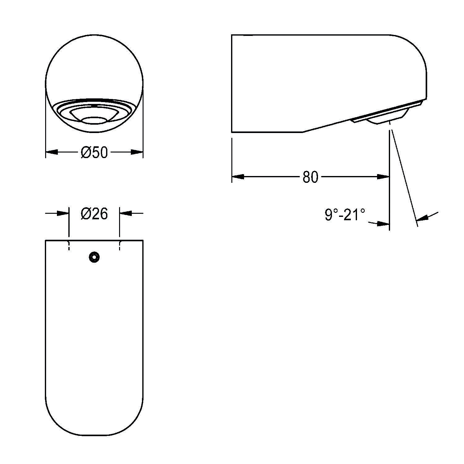 Technische Zeichnung eines zylindrischen Geräts. Frontansicht zeigt eine Öffnung von 26 mm; Seitenansicht gibt Abmessungen von 50 mm Durchmesser, 80 mm Länge und einem Winkel von 9-21° an.