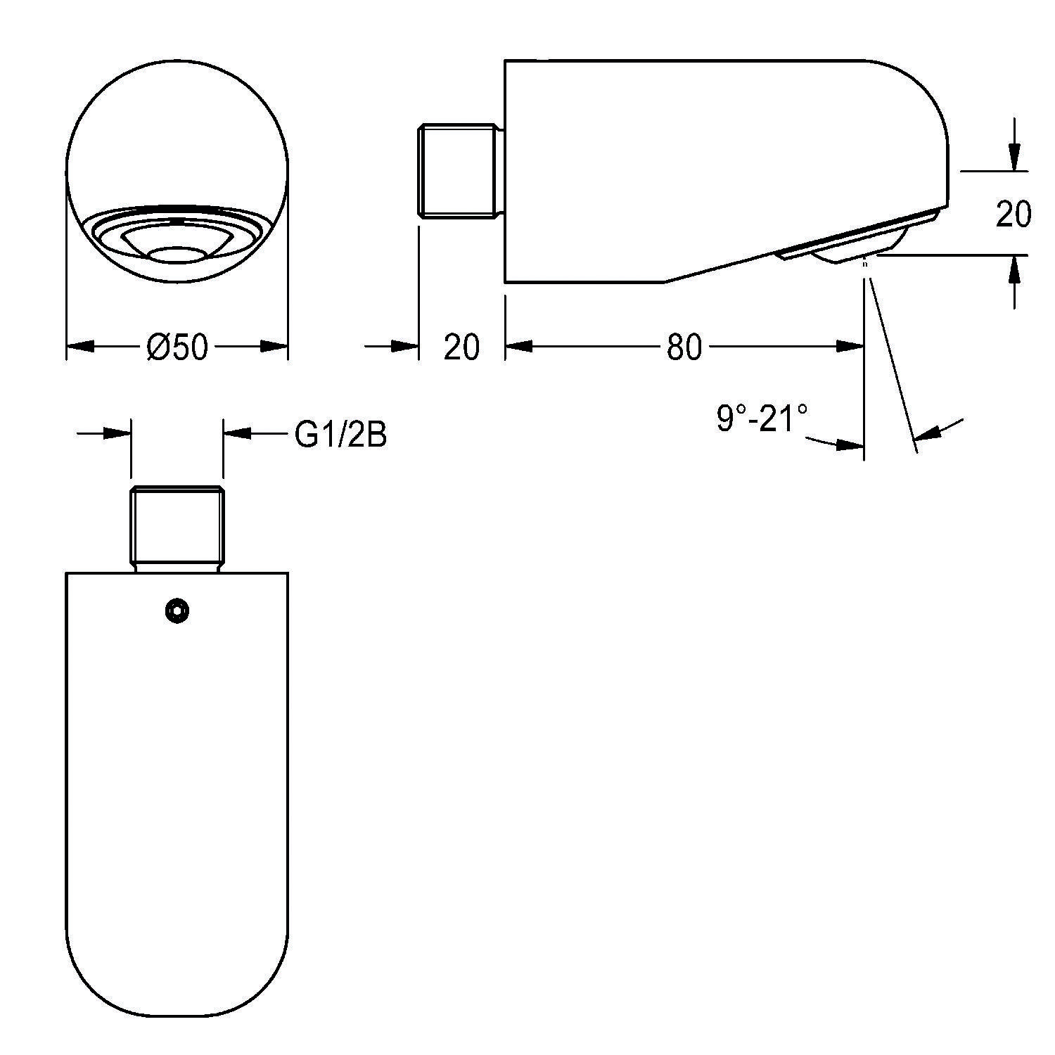 Technische Zeichnung eines Düsenkopfes mit Maßangaben: Durchmesser 50 mm, Länge 100 mm, einstellbarer Winkel 9 bis 21 Grad, G1/2B-Anschluss.