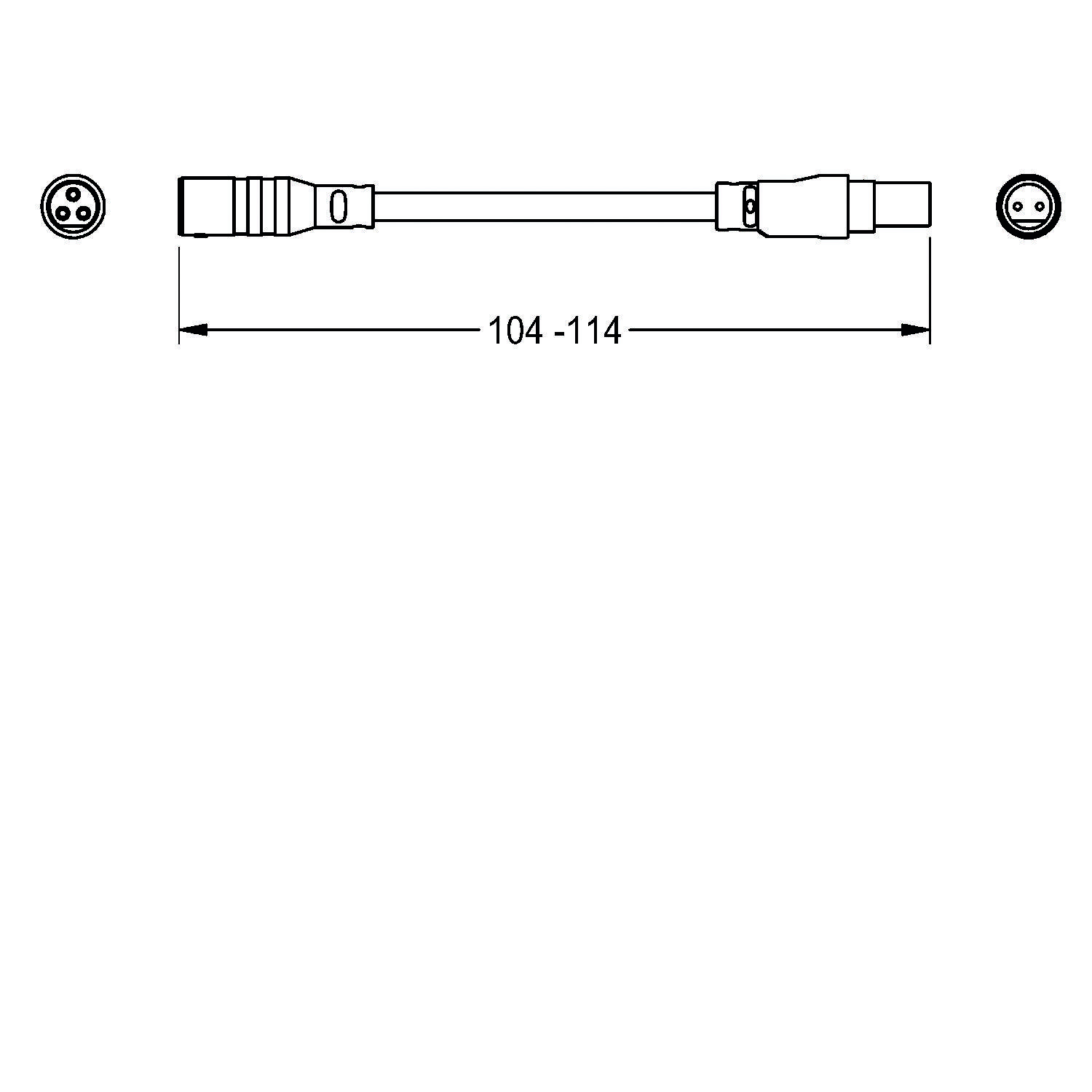 Kabelverbindungsdiagramm mit Maßangaben '104-114'. Anschlüsse an beiden Enden.