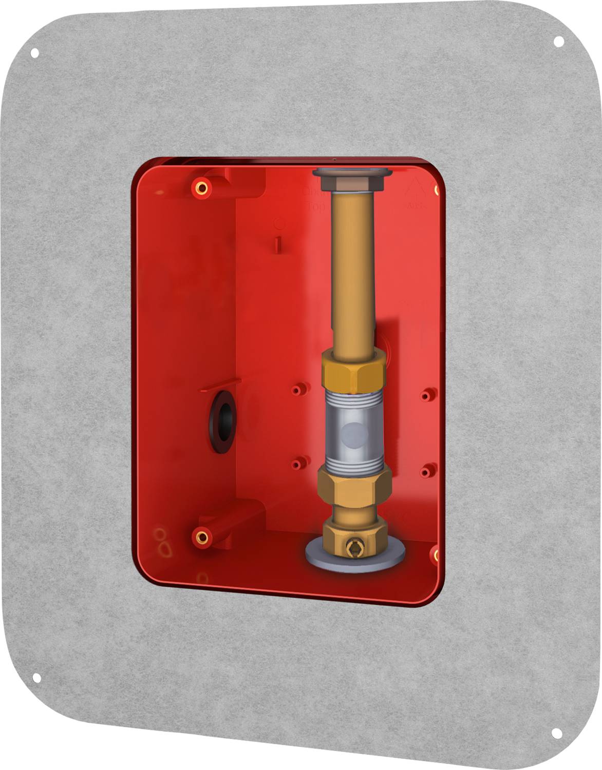 Eine rote, rechteckige Wandmontage-Gehäuseeinheit mit sichtbarem Messingventilsystem im Inneren, konzipiert für die Klempnerinstallation.