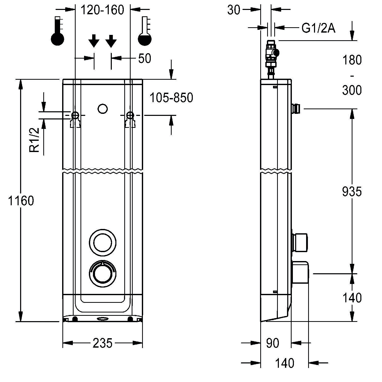 Technische Zeichnung einer Wandmontageeinheit mit Maßen: Höhe 1160 mm, Breite 235 mm, Tiefe 140-180 mm und G1/2A-Anschluss.