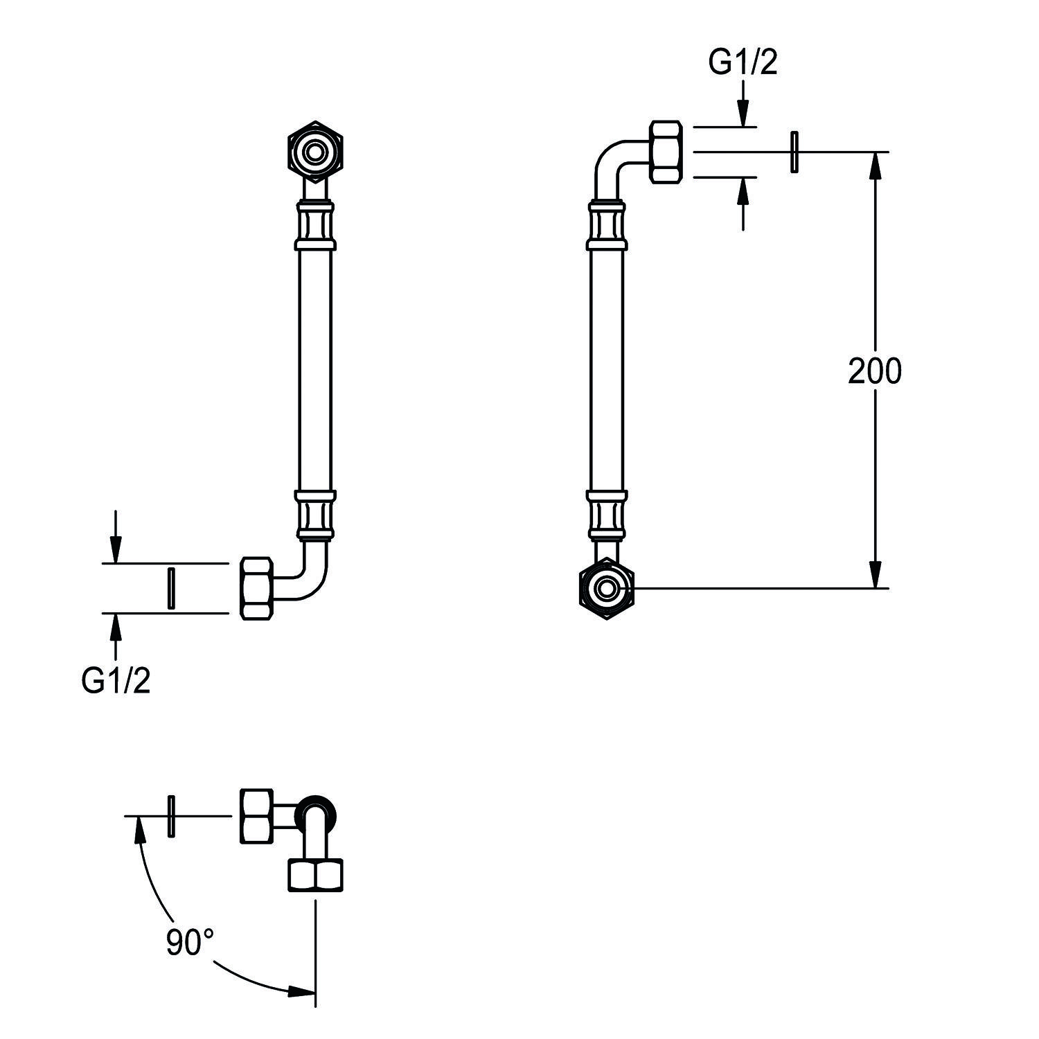 Eine Skizze einer Klempnerrohrleitung mit Anschlüssen, die mit 'G1/2' gekennzeichnet sind und Abmessungen von 200 mm sowie einem 90°-Biegewinkel auf beiden Seiten aufweisen.