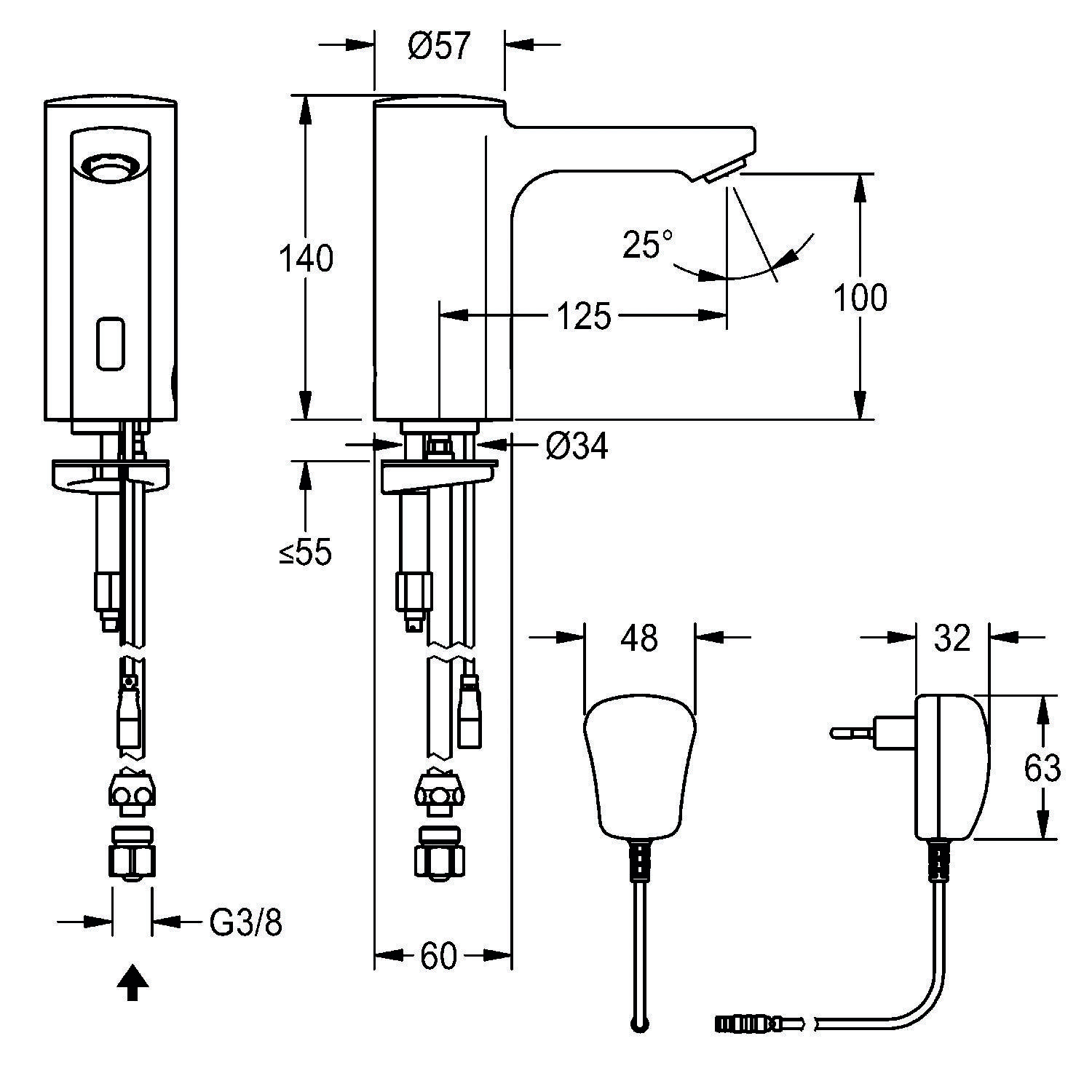 Technische Zeichnung eines Wasserhahns mit Maßen: Höhe 140 mm, Auslauflänge 125 mm, Auslauflage 100 mm, Basisdurchmesser 34 mm, Anschlussgröße G3/8.
