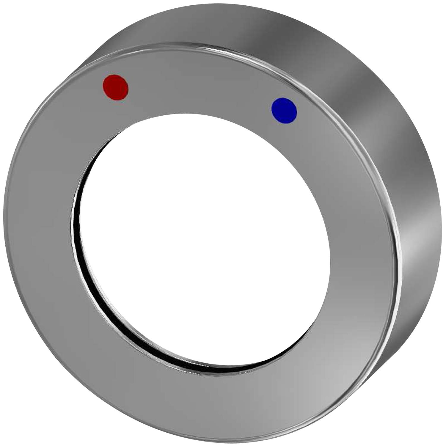 Ein Nahaufnahme-Bild eines metallischen Rings mit einem roten Punkt links und einem blauen Punkt rechts vor einem schwarzen Hintergrund.