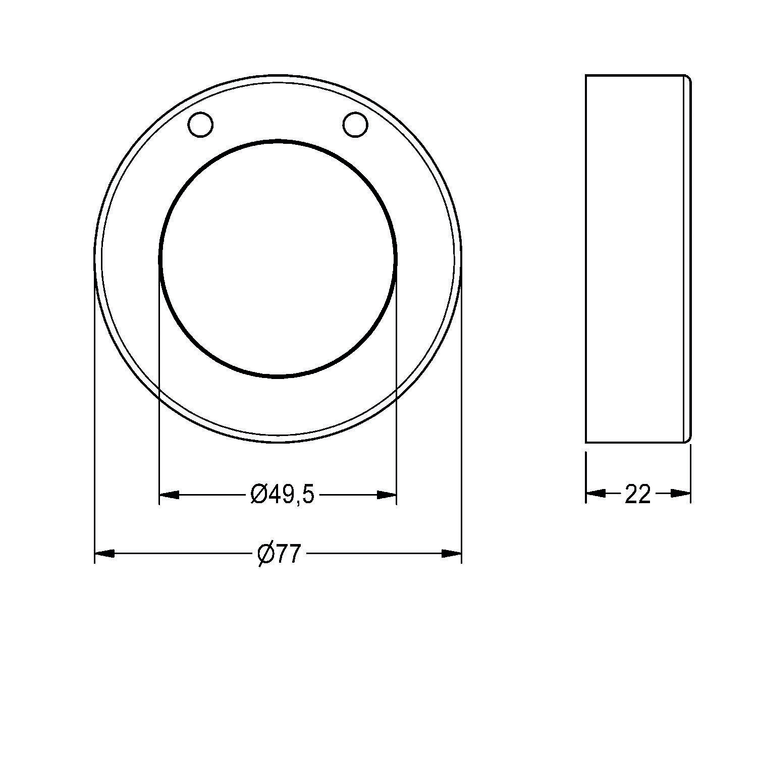 Runde Flanschplatte mit zwei Löchern, Frontansicht zeigt Durchmesser von 77 mm und 49,5 mm; Seitenansicht zeigt eine Dicke von 22 mm.