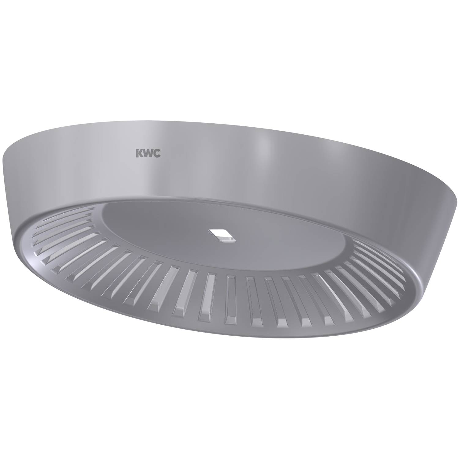 Eine elegante, metallische, an der Decke montierte Dunstabzugshaube mit dem Logo 'KWC', die ein modernes, kreisförmiges Design aufweist.