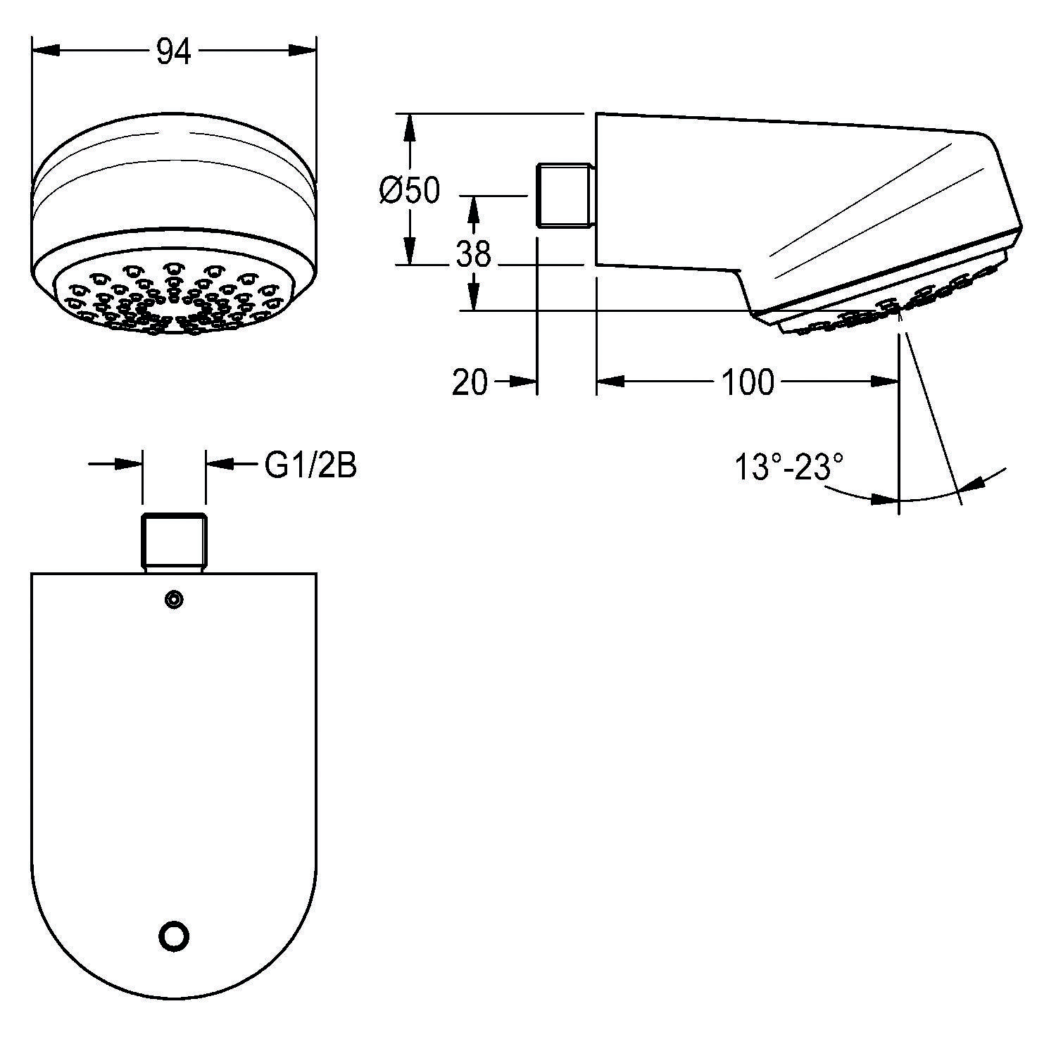 Technische Zeichnung eines Duschkopfes mit Abmessungen: Durchmesser 94 mm, Ausladung 100 mm, Winkelbereich 13°-23°, Einlässe mit G1/2B beschriftet.