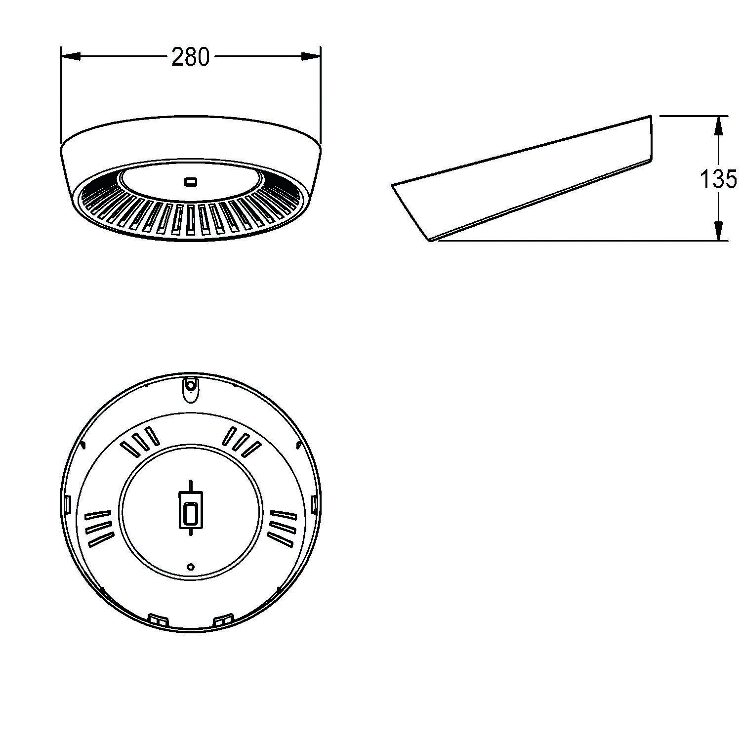 Technische Zeichnung einer runden LED-Leuchte mit einem Durchmesser von 280 mm und einer Höhe von 135 mm, mit Ansichten von oben und der Seite.