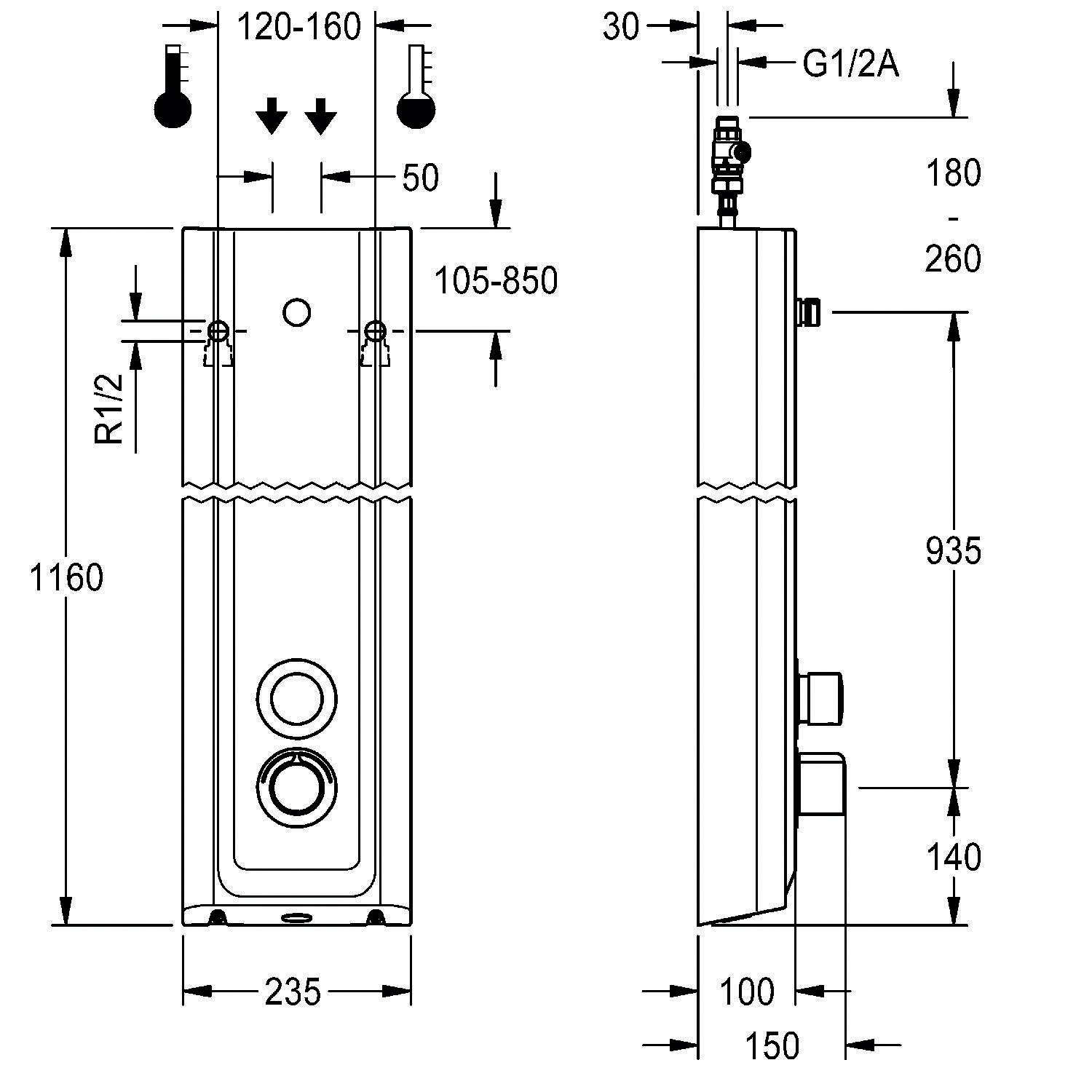 Diagramm eines vertikalen Wassererhitzers, Vorder- und Seitenansicht, mit Maßangaben: Höhe 1160 mm, Breite 235 mm, Tiefe 150 mm, Rohranschlüsse mit R1/2 und G1/2A beschriftet.