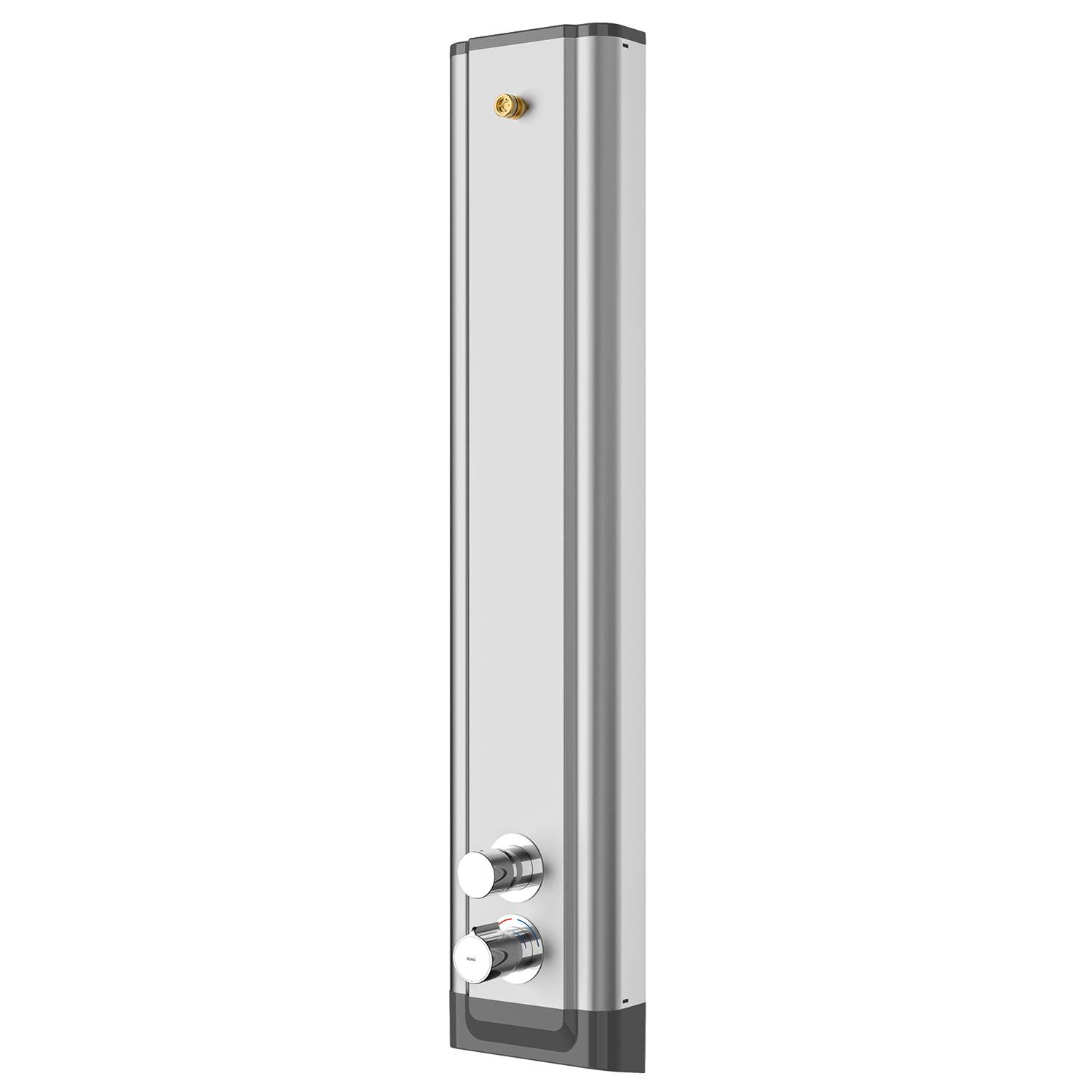 Vertikales Duschpaneel mit elegantem silbernem Design, ausgestattet mit zwei Bedienungsknöpfen am unteren Ende und einer kleinen Düse oben für den Wasserfluss.