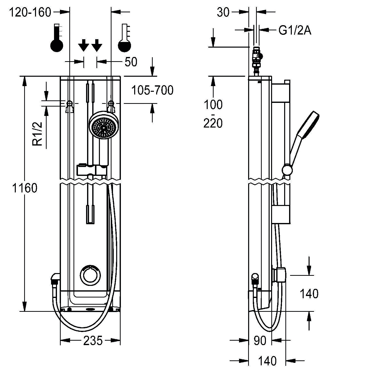 Duschpaneel-Abmessungen: Höhe 1160 mm, Breite 235 mm. Oberer Auslauf 120-160 mm, seitliche Schlauchleitung 105-700 mm verstellbar. G1/2A-Anschluss.