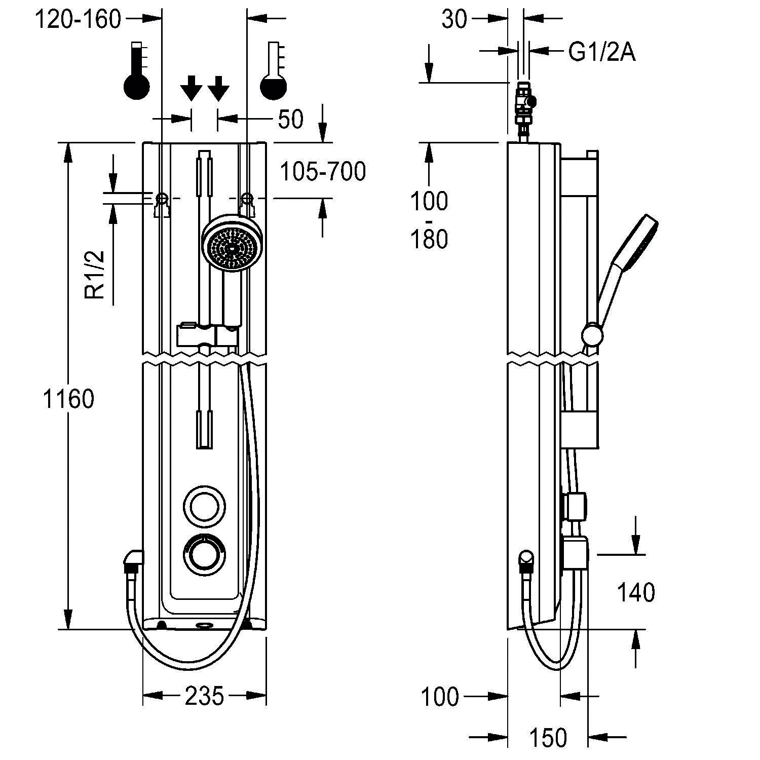 Diagramm eines Duschsystems mit detaillierten Maßangaben, das Installationsabmessungen, Komponentenplatzierung und Wasseranschlußpunkte zeigt.