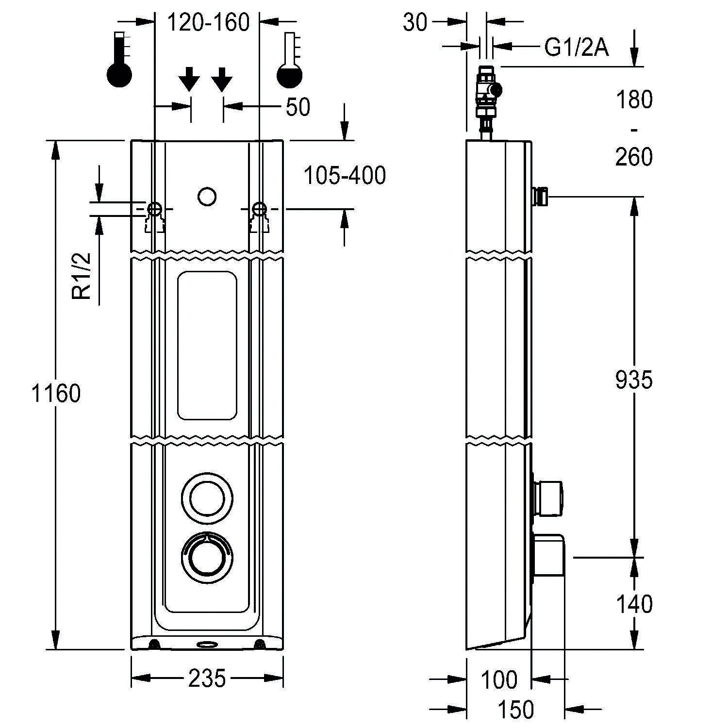 Technische Zeichnung eines Warmwasserbereiters mit Abmessungen: Höhe 1160 mm, Breite 235 mm, Tiefe 150 mm. Beinhaltet Rohr- und Ventilmessungen.
