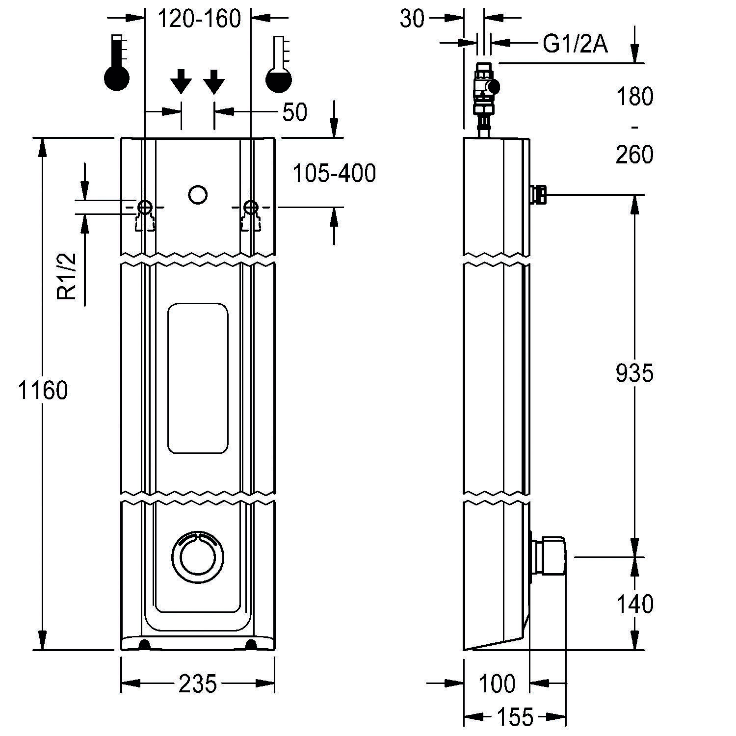 Technische Zeichnung eines vertikalen Wassererhitzers mit Maßen. Höhe: 1160mm, Breite: 235mm, Tiefe: 100mm. Rohranschlüsse: R1/2 und G1/2A.