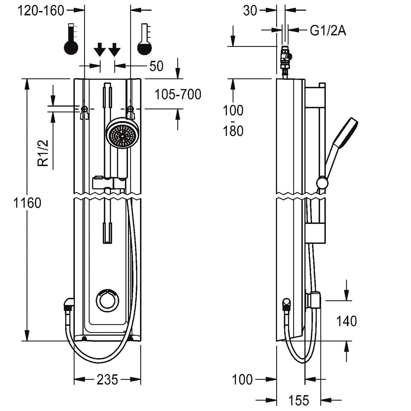 Technische Strichzeichnung eines Duschpanels mit Abmessungen, showing Vorder- und Seitenansicht sowie Anschlusspoints gekennzeichnet mit R1/2 und G1/2A.