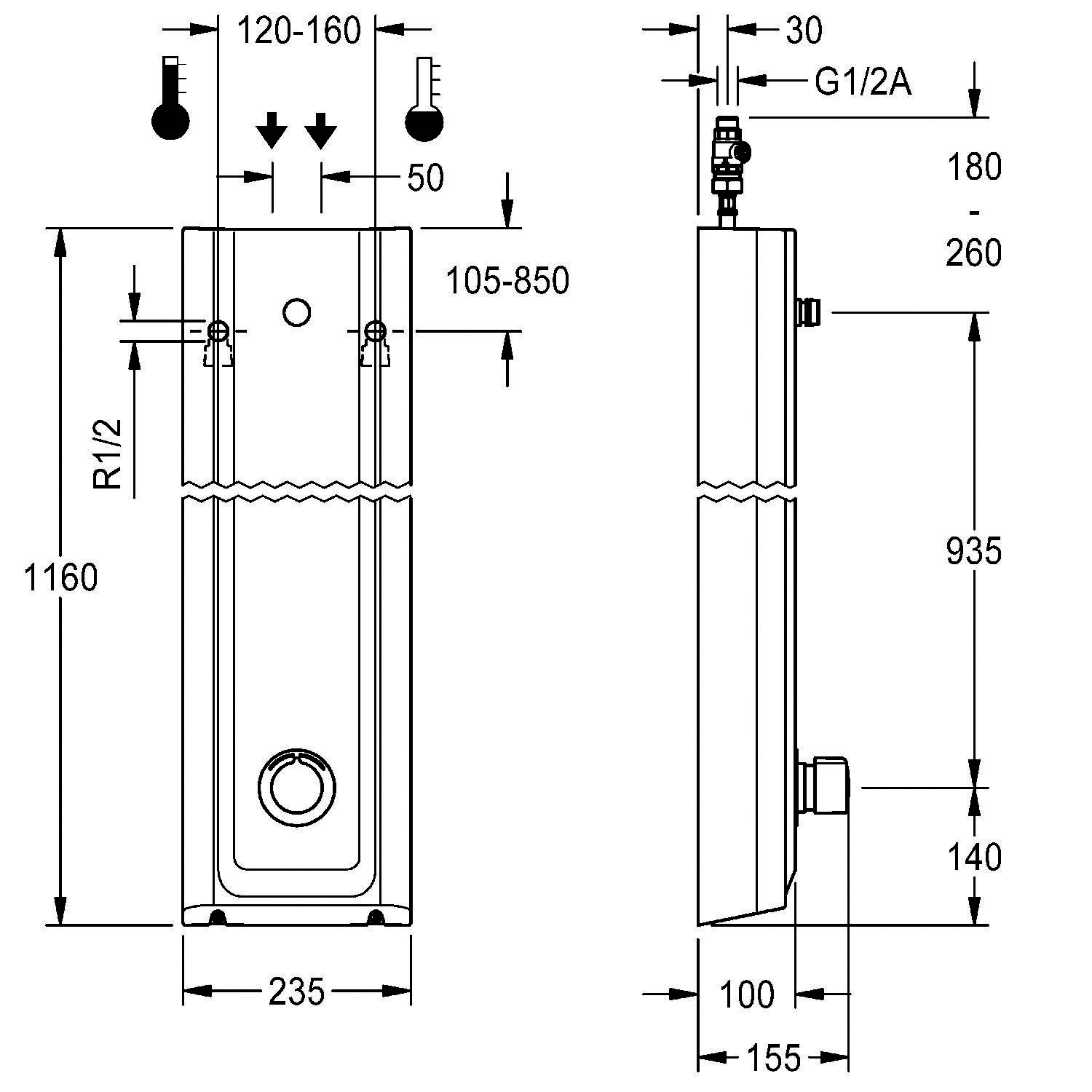 Technische Zeichnung eines Metallwassererhitzers. Vorder- und Seitenansicht zeigen Abmessungen in Millimetern mit Installationsbeschriftungen.