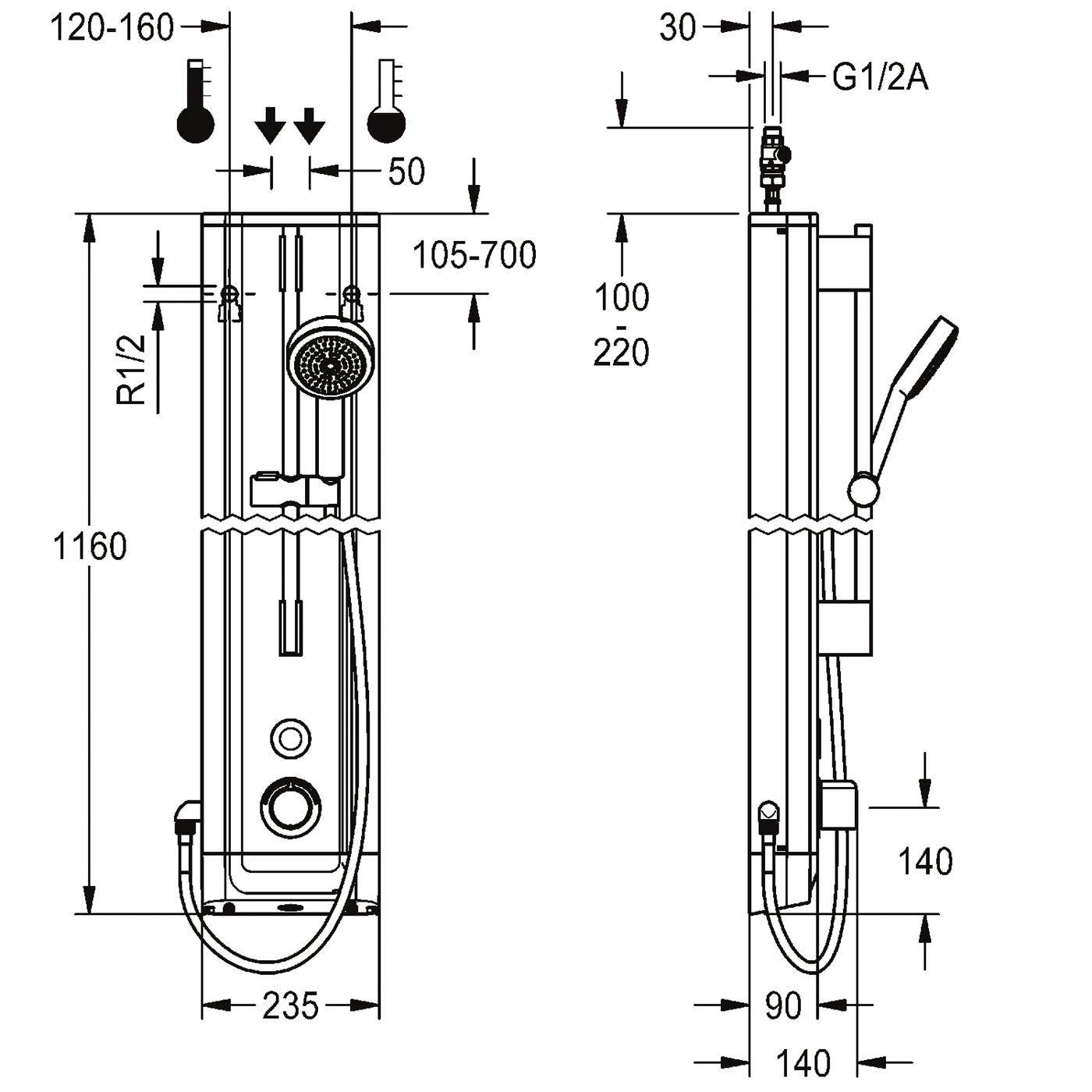 KWC Duschpaneel, F5, Elek, Edelstahl, Therm, Hb-garnitur, für. Batt./netzteil