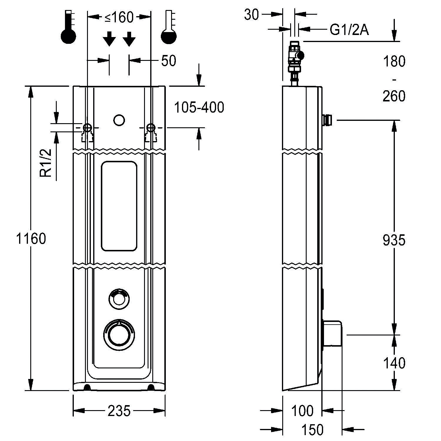 Technische Zeichnung eines Ventilsystems mit Abmessungen: Höhe 1160 mm, Breite 235 mm, verschiedene Anschlusspunkte, Maßangaben in mm.