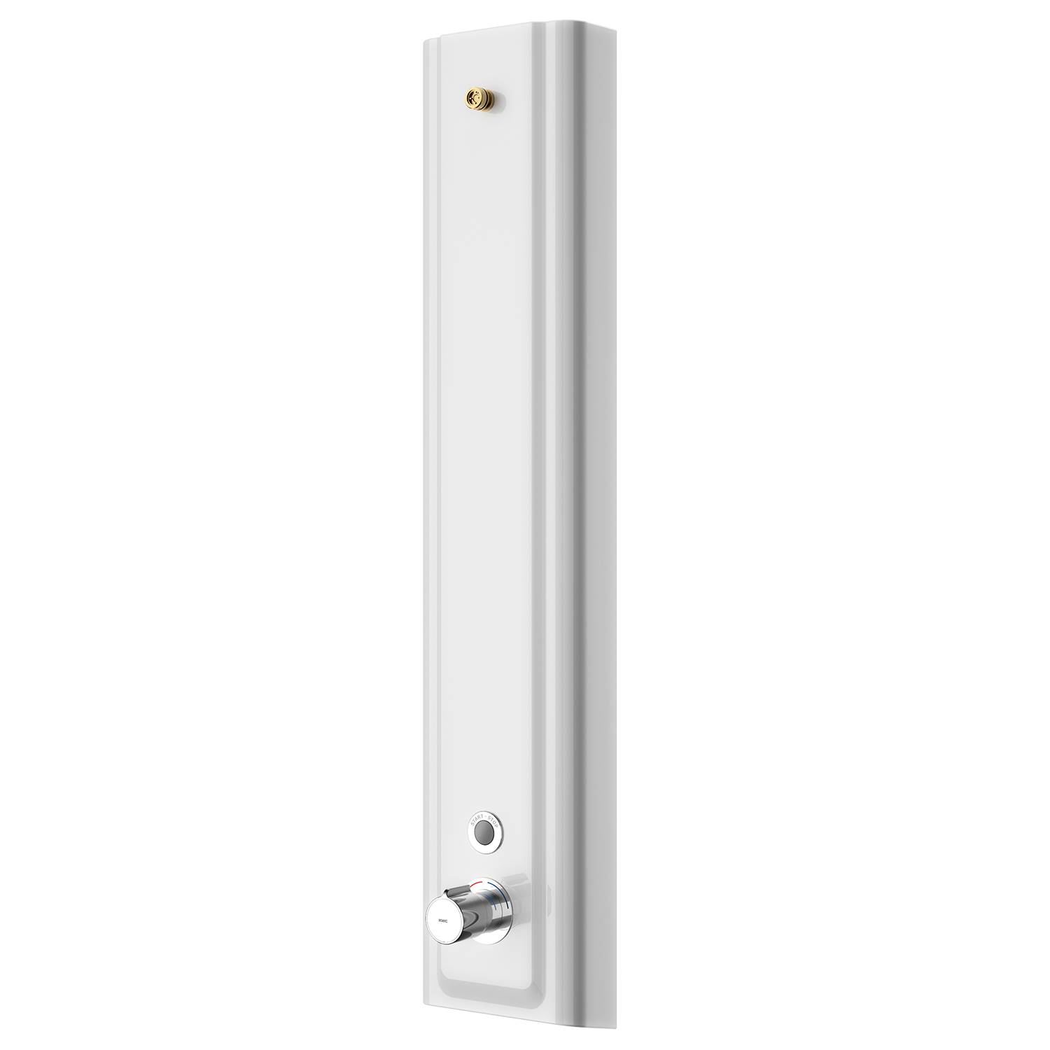 Ein schlankes, vertikales Metallthermostat mit einem Drehknopf und einem kleinen Knopf, das für moderne Innenräume konzipiert ist.