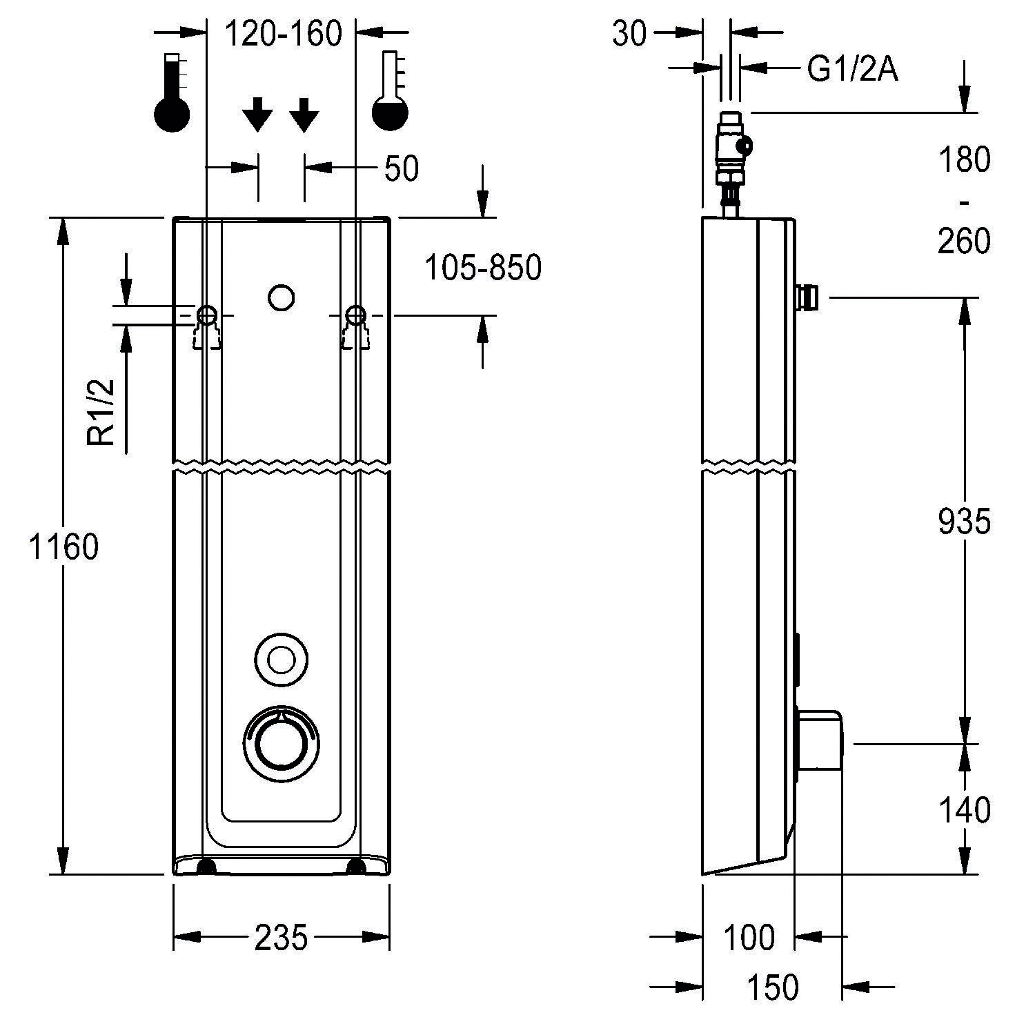 Technische Zeichnung eines wandmontiertes Geräts mit Abmessungen: Breite 235 mm, Höhe 1160 mm, Tiefe 150 mm. Zeigt Befestigungs- und Anschlusspunkte.