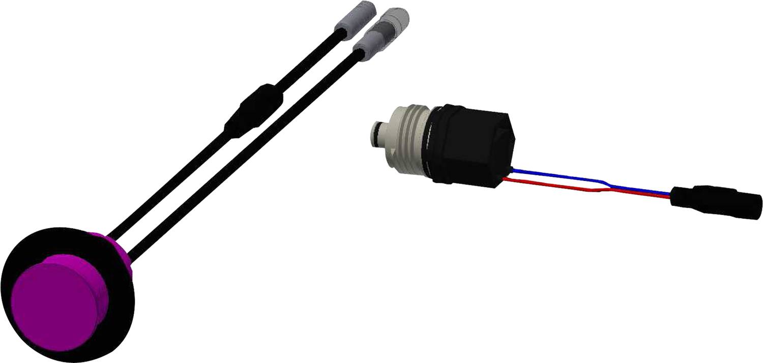 Zwei schwarze Kabel mit Anschlüssen und ein weiß-schwarzer Anschluss mit blauen und roten Kabeln sind vor einem dunklen Hintergrund zu sehen.