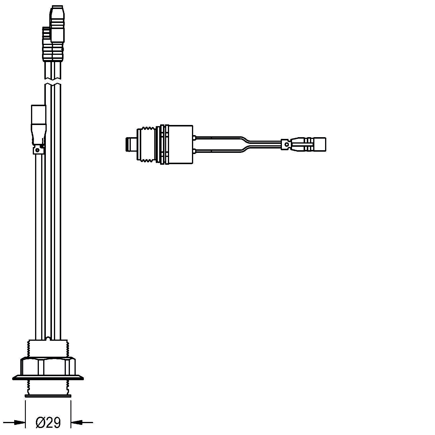 Technische Linienzeichnung eines zylindrischen Geräts mit Anschlüssen an beiden Enden, beschriftet mit einem Durchmesser von 29 mm.