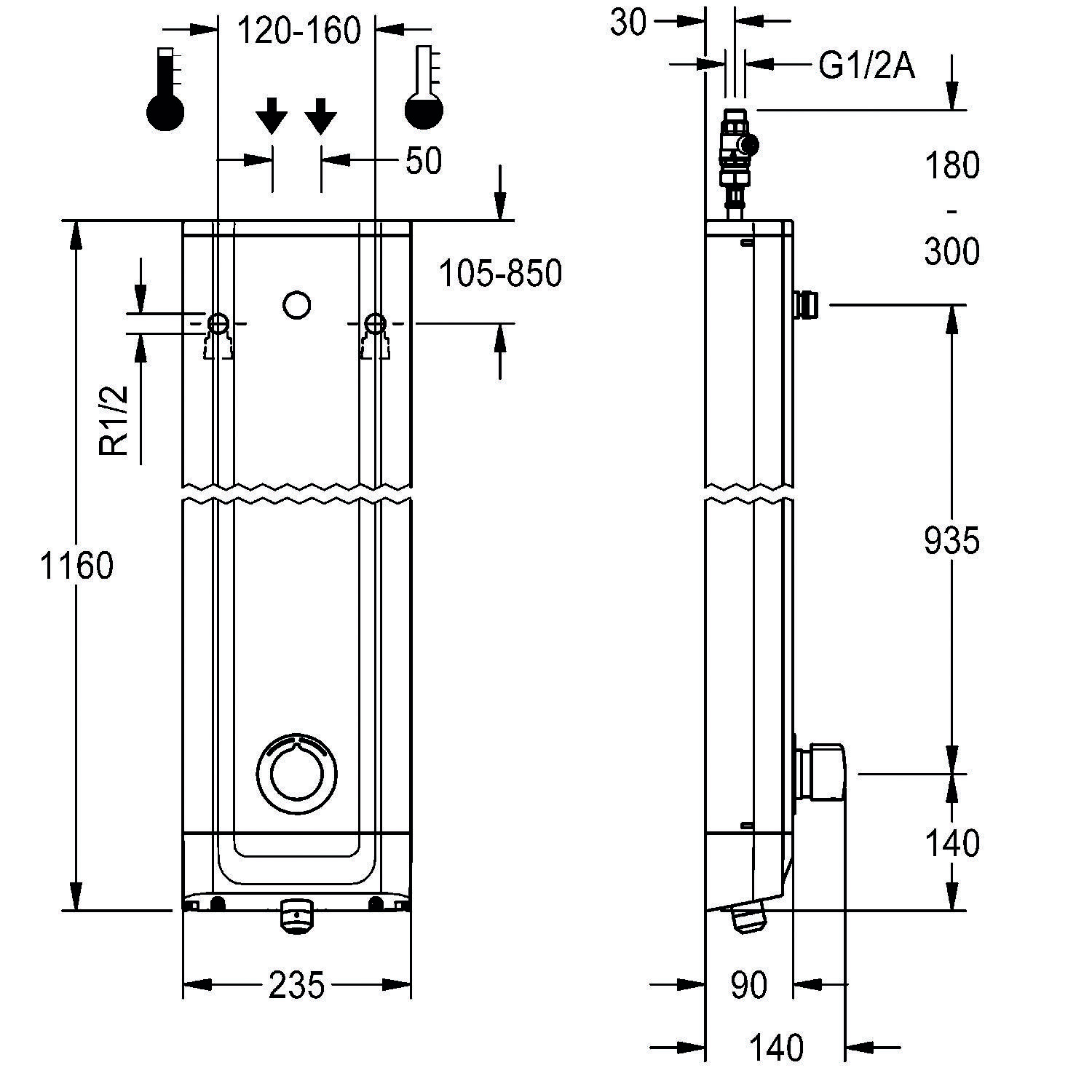 Technische Zeichnung eines Wassererhitzers mit Abmessungen: Höhe 1160 mm, Breite 235 mm und Tiefe 140 mm. Rohranschlüsse gekennzeichnet mit R1/2 und G1/2A.