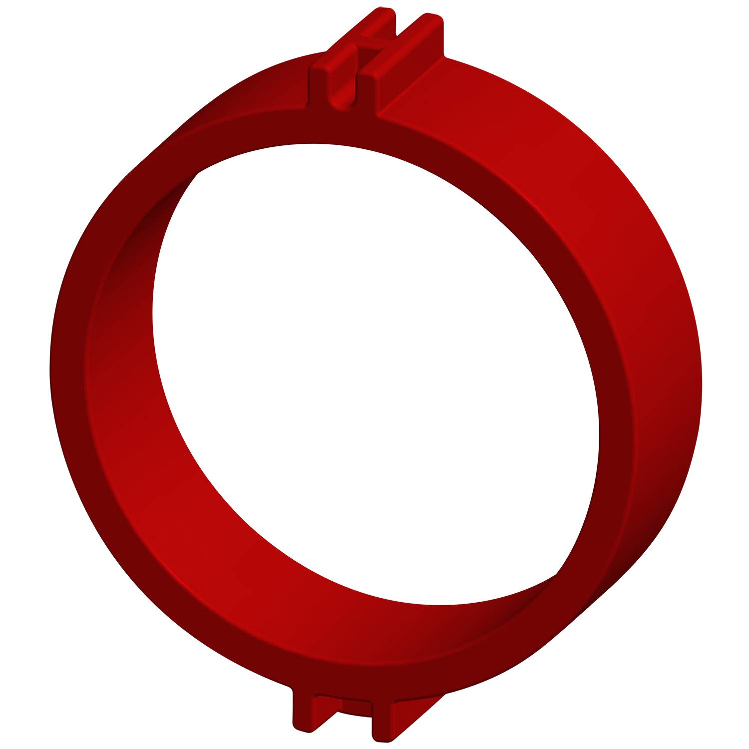 Ein roter kreisförmiger Gegenstand mit einer Kerbe, möglicherweise eine Klammer oder ein Band, der vor einem schwarzen Hintergrund gezeigt wird.