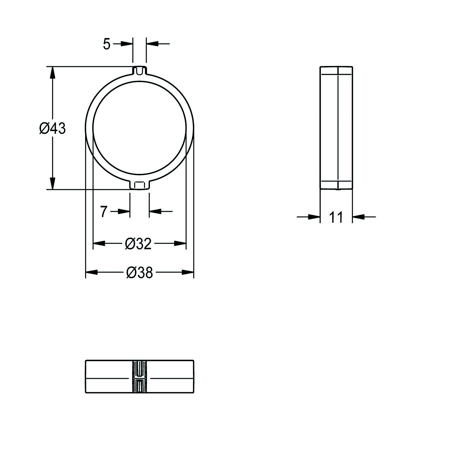 Diagramm, das einen zylindrischen Gegenstand mit folgenden Abmessungen zeigt: Außendurchmesser 43 mm, Innendurchmesser 38 mm, Länge 11 mm und Wandstärke 5 mm.