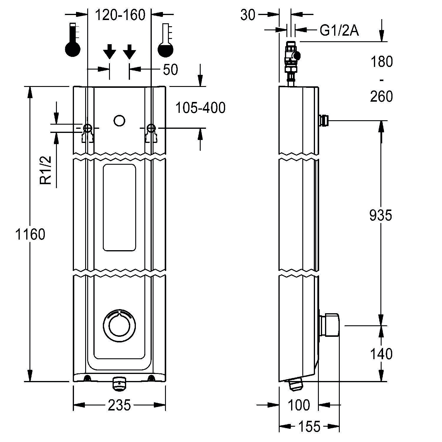 Technische Zeichnung eines vertikalen Wassererhitzers, 1160 mm Höhe, 235 mm Breite, mit angegebenen Dimensionen für Rohrverbindungen und Abstände.